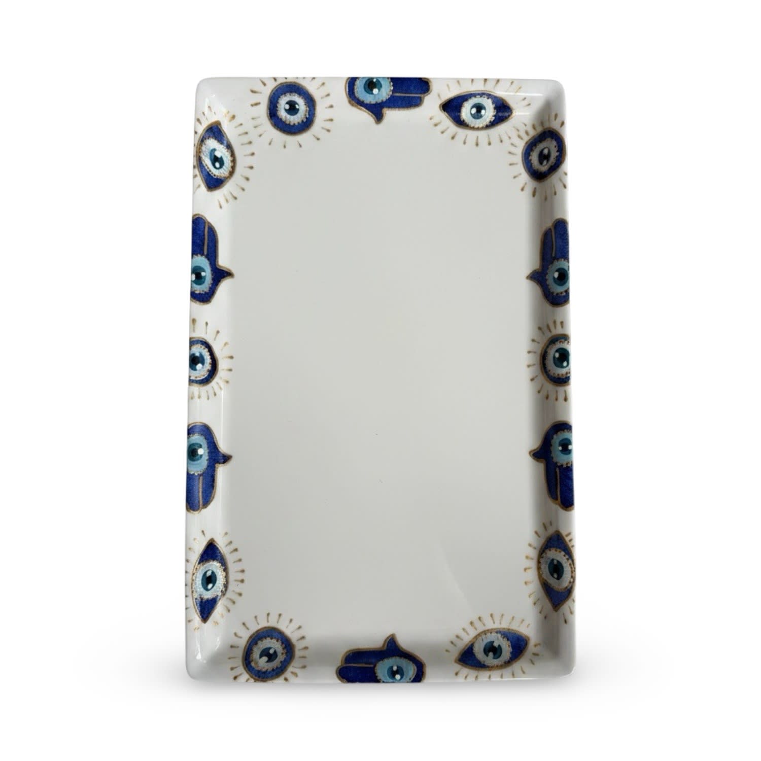 Casa Duniya White Hand-painted Evil Eye Rectangular Karima Serving Platter