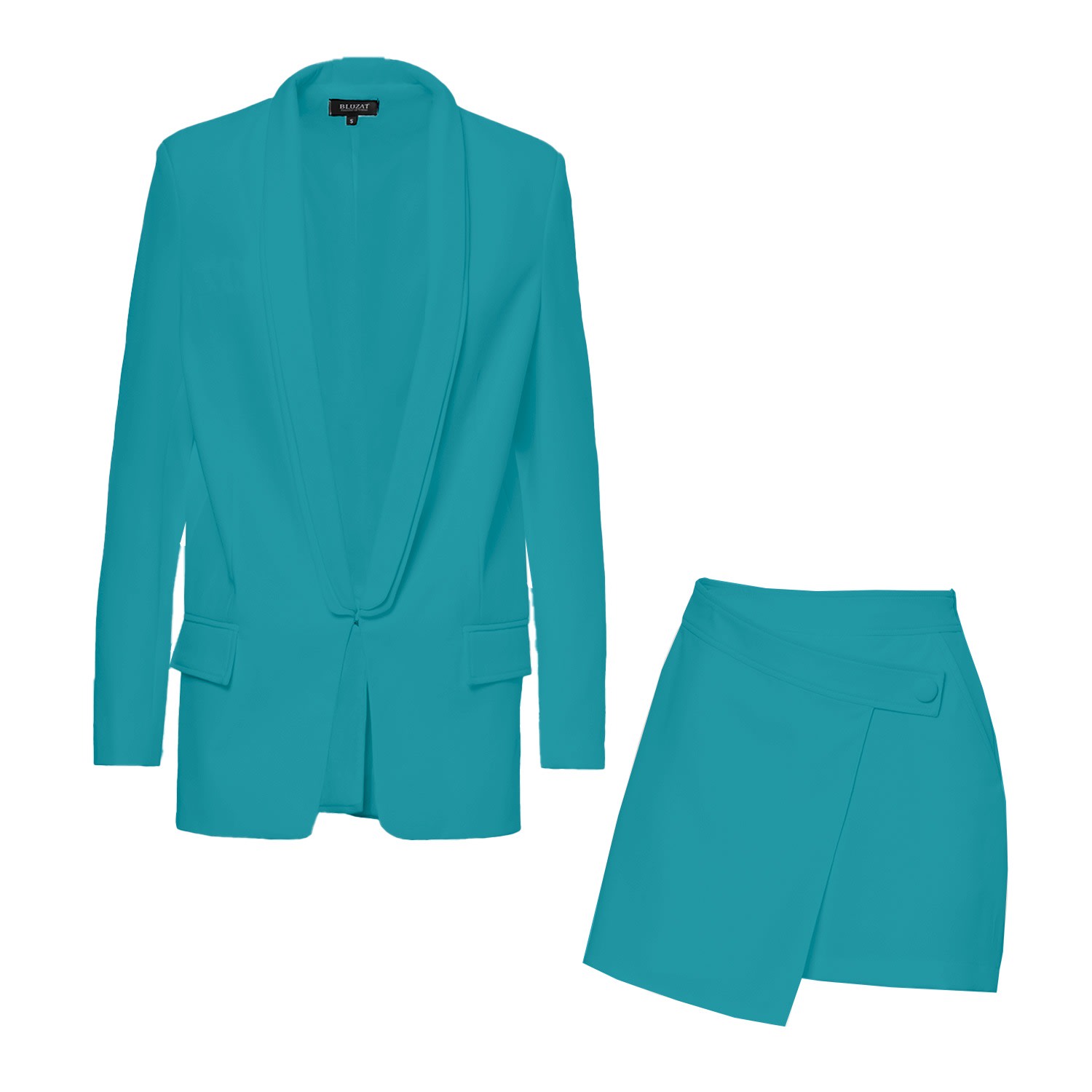 Bluzat Women's Blue Turquoise Suit With Oversized Blazer With Double Lapels And Shorts With Skirt In Blue
