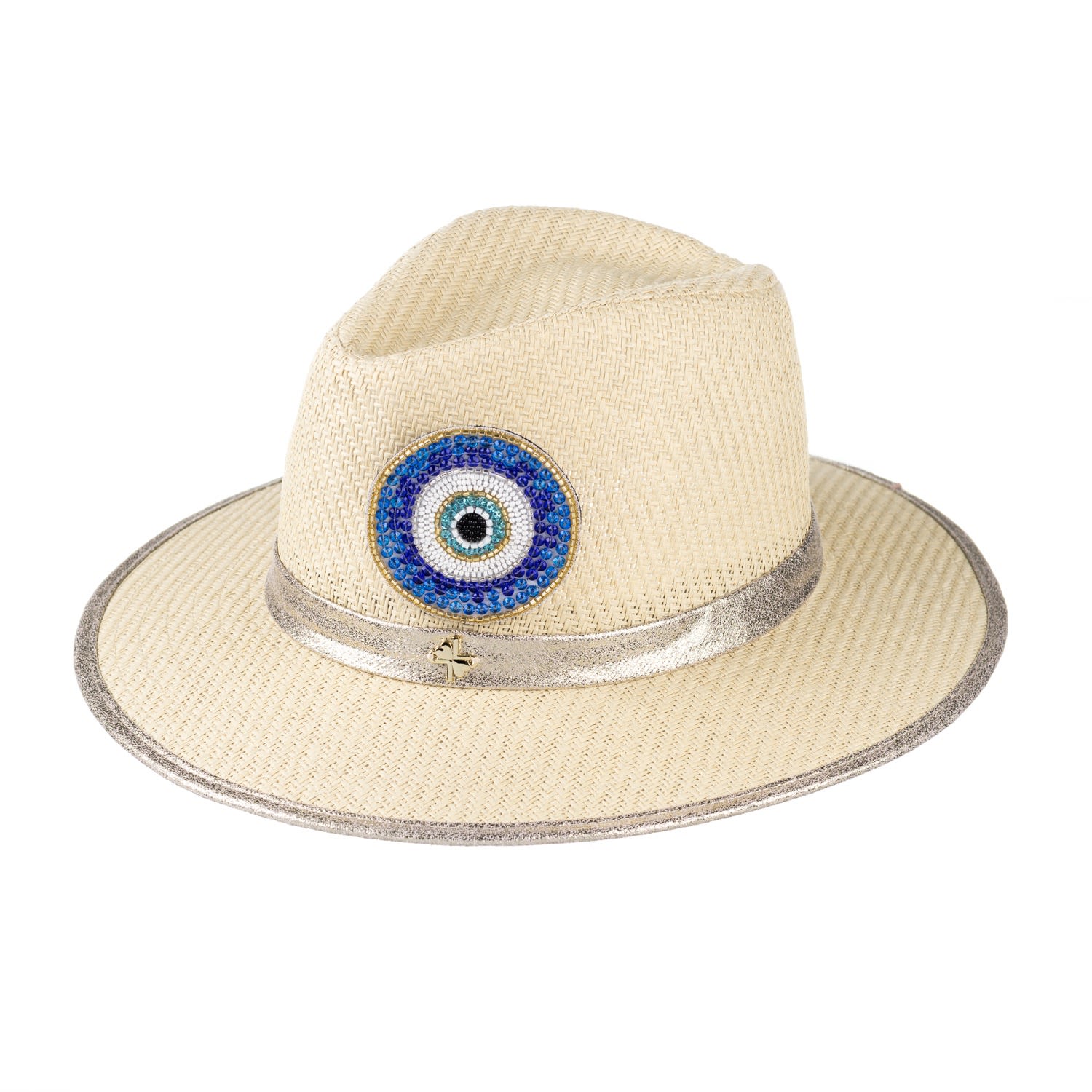 Women’s Neutrals Straw Woven Hat With Embellished Couture Blue Evil Eye Brooch - Cream One Size Laines London