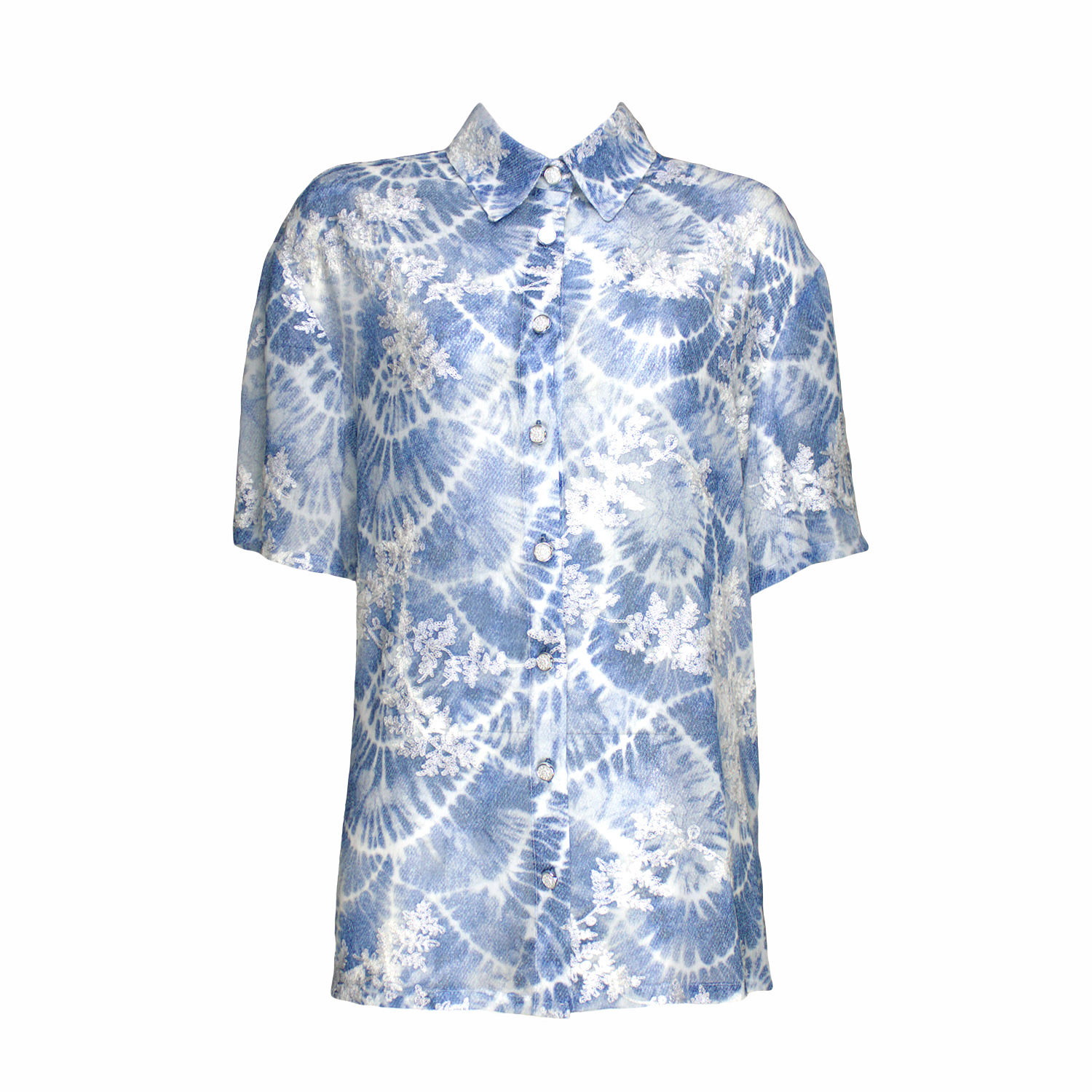 Lalipop Design Women's Chiffon Shirt With Tie-dye Denim Effect Print And Embroidery Details