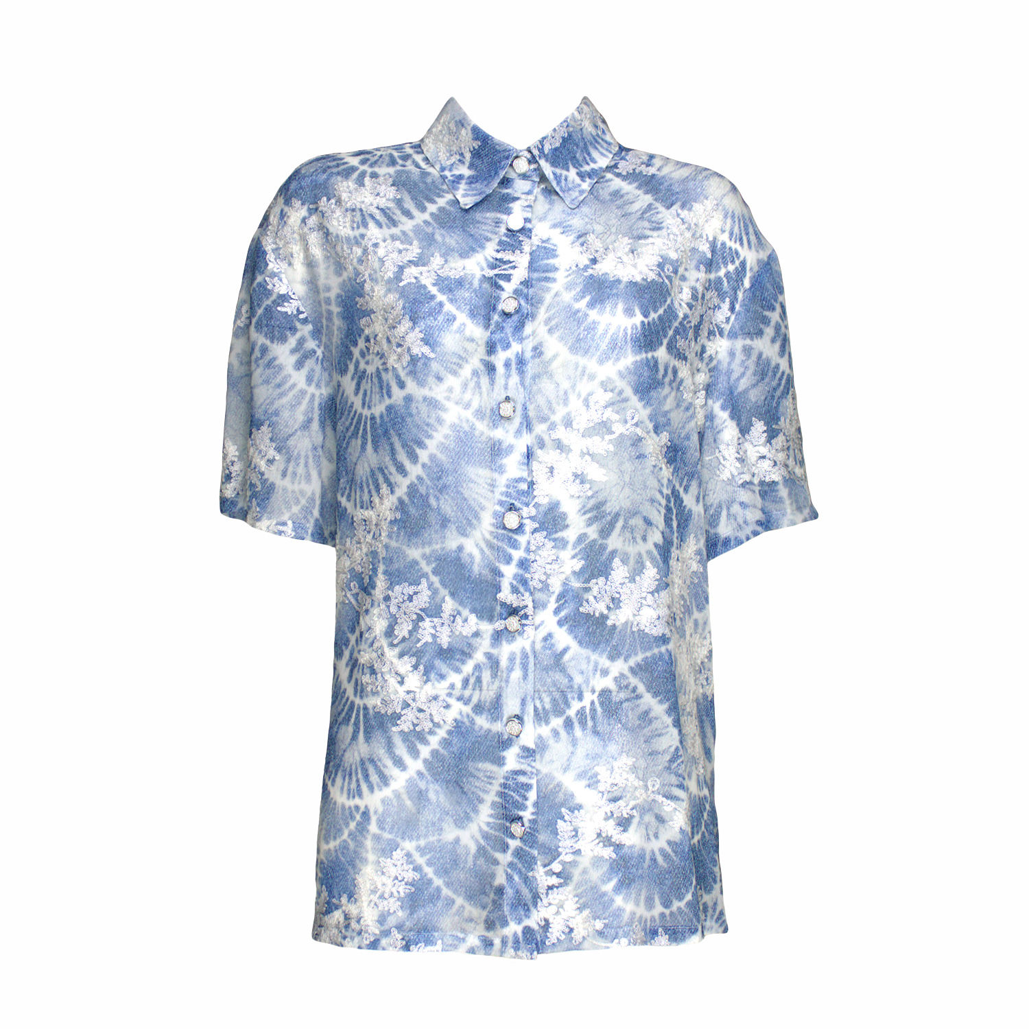 Women’s Chiffon Shirt With Tie-Dye Denim Effect Print And Embroidery Details Small Lalipop Design