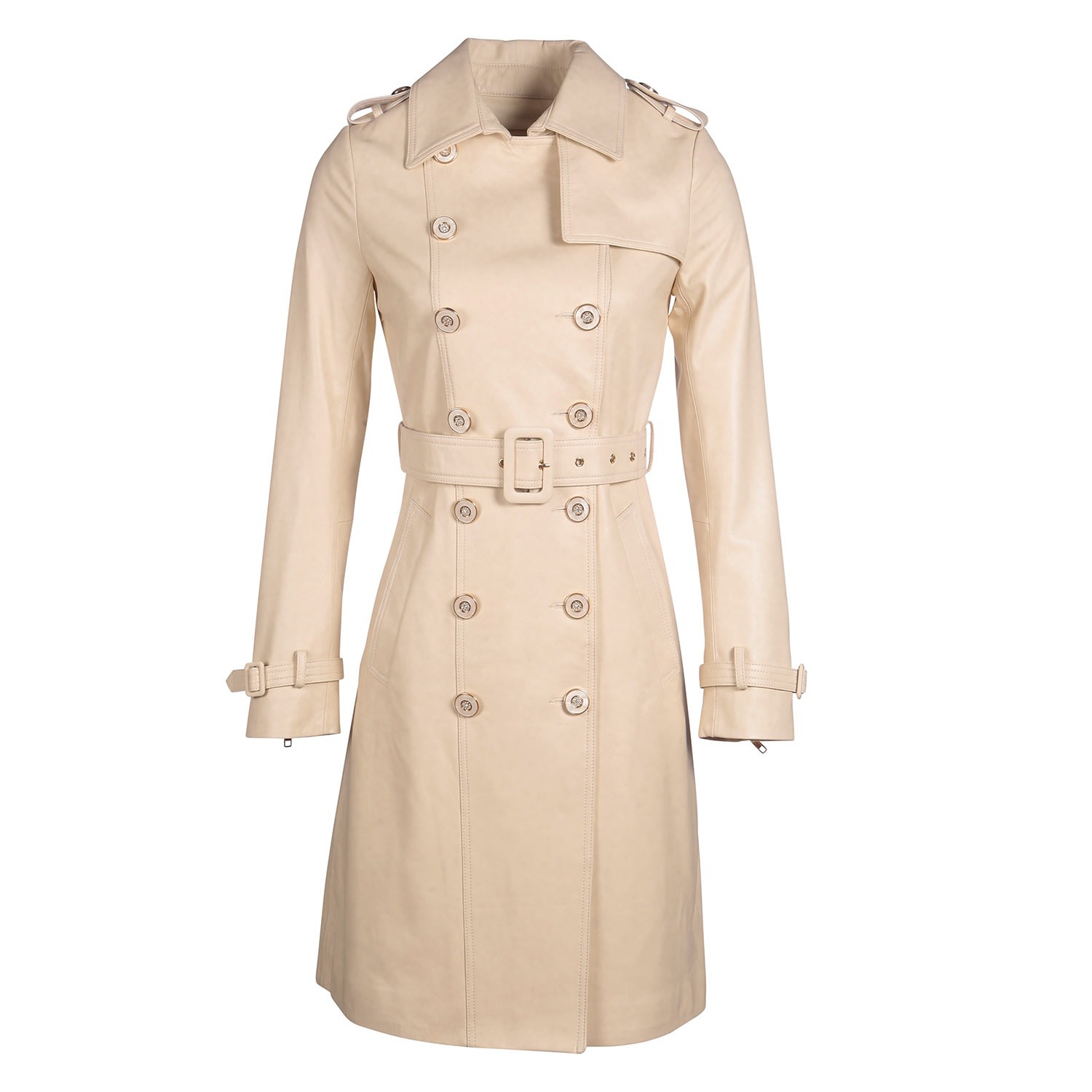 Women's Neutrals 'Belle Du Jour' 100% Leather Trench Coat In Crema | Medium | Santinni