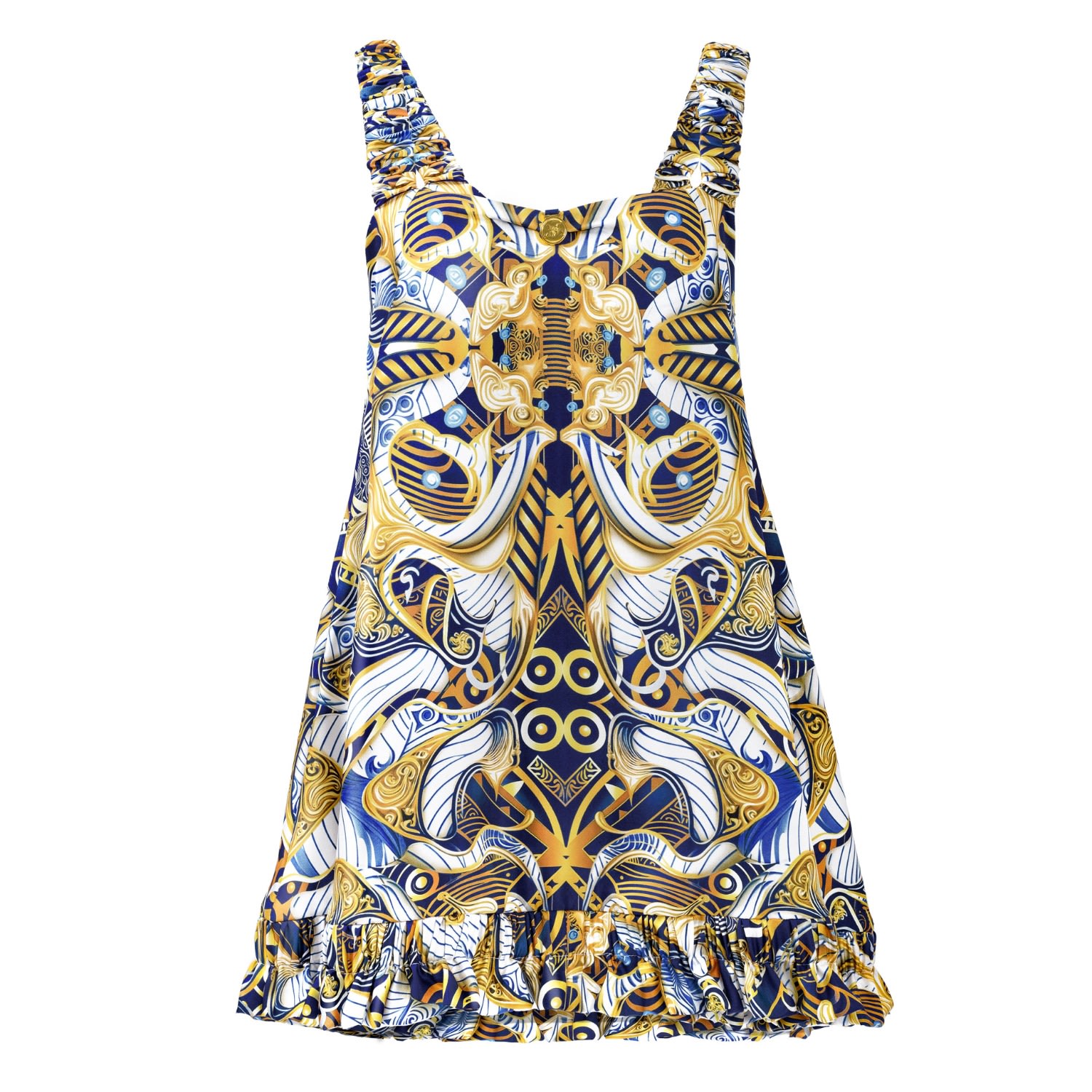 Women’s Porcelain Fever Dream - Pure Silk Slip Mini Dress Blue, Gold, White Extra Small Kargede