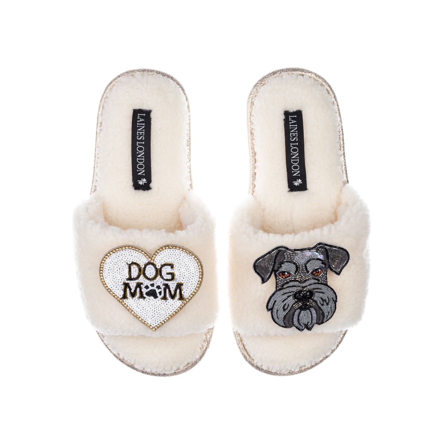 Laines London Women's White Teddy Towelling Slipper Sliders With Ernie The Schnauzer & Dog Mum /mom Brooches - Cre In White