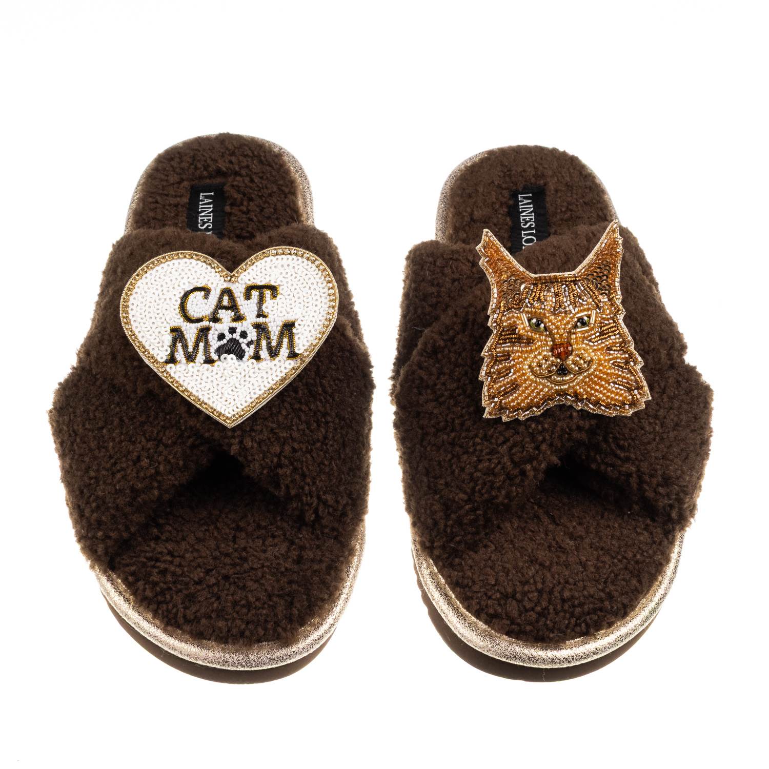 Laines London Women's Brown / Neutrals Boucle Slippers With Cat Mum/mom & Maine Coon Cat Brooches - Chocolate In Brown