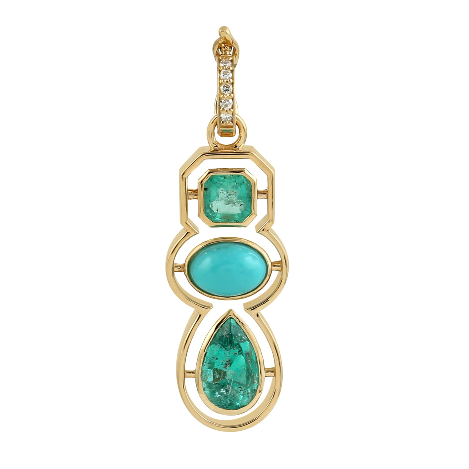 Artisan Women's Blue / Gold / Green Emerald & Turquoise Gemstone Pave Diamond Designer Pendant In Gold