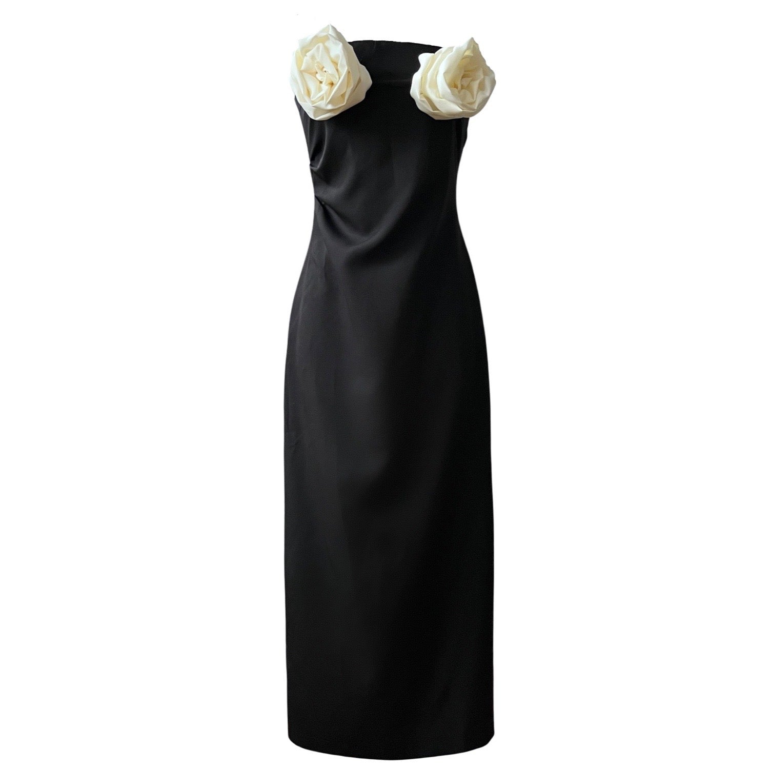 Black Strapless Dress With White Flowers Applique by London Atelier Byproduct