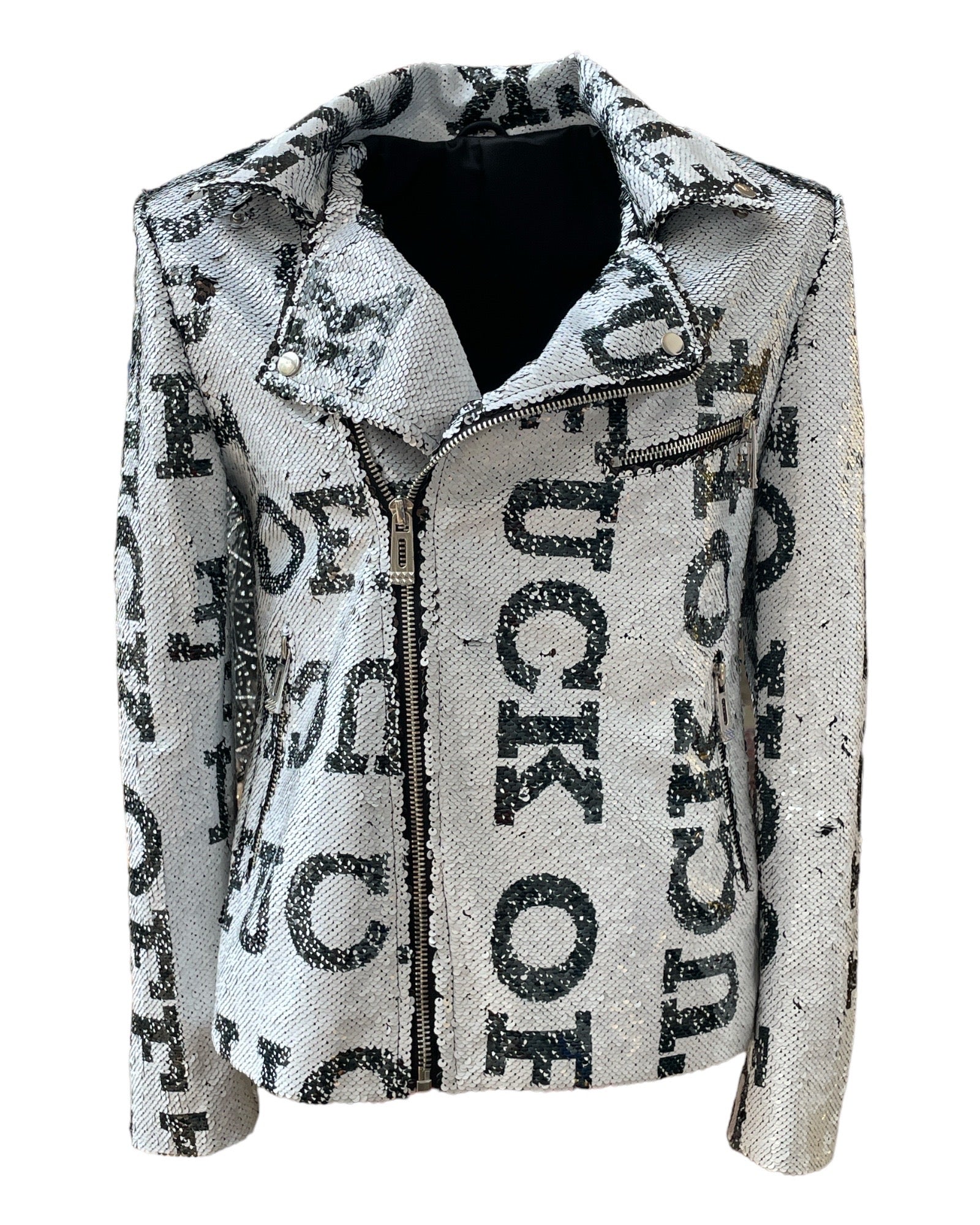 Any Old Iron Women's Black / White Black & White Large Fucks Reversible Sequin Moto Jacket In Black/white