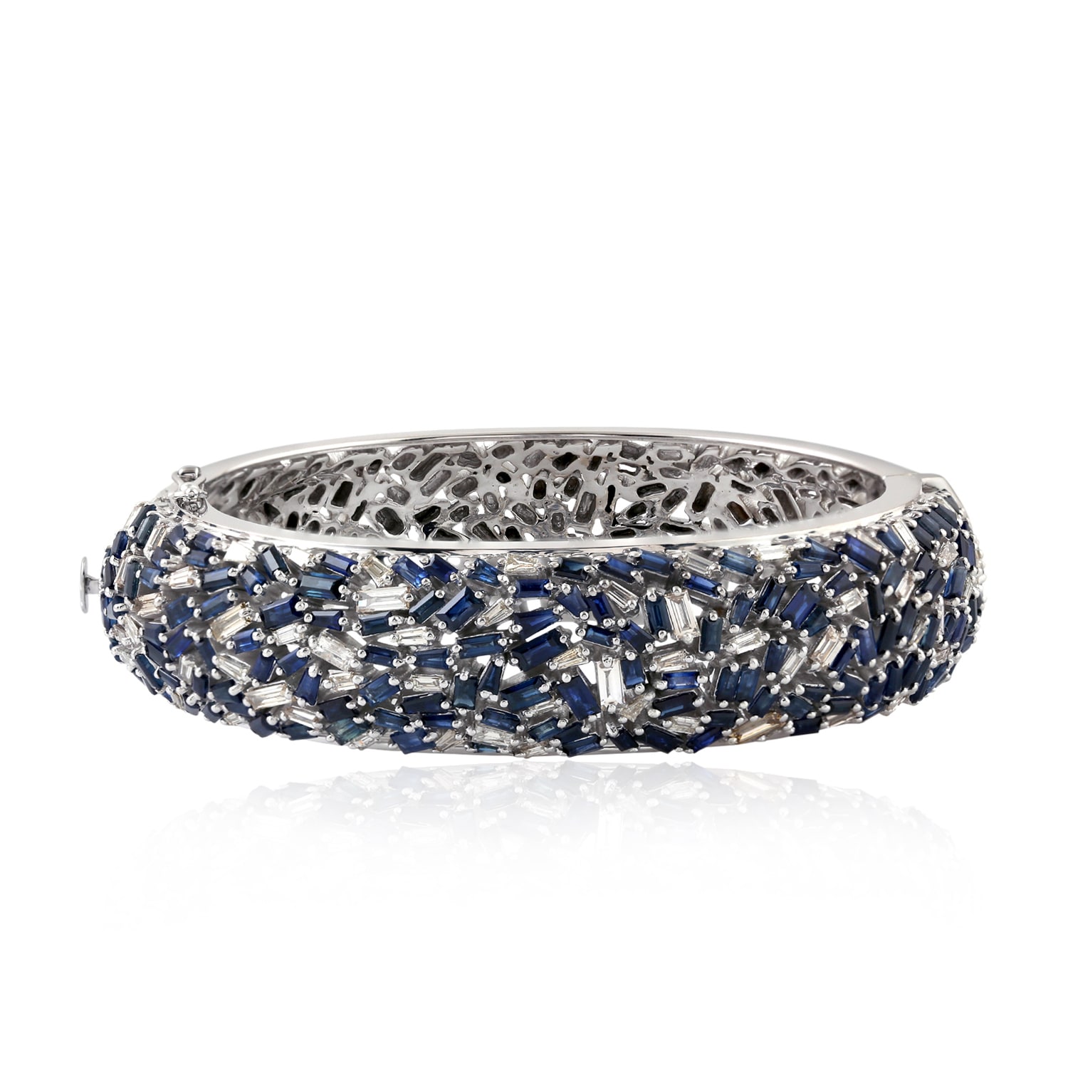 Women’s Blue / White 18K White Gold Natural Baguette Blue Sapphire & Diamond Bangle 925 Sterling Silver Artisan