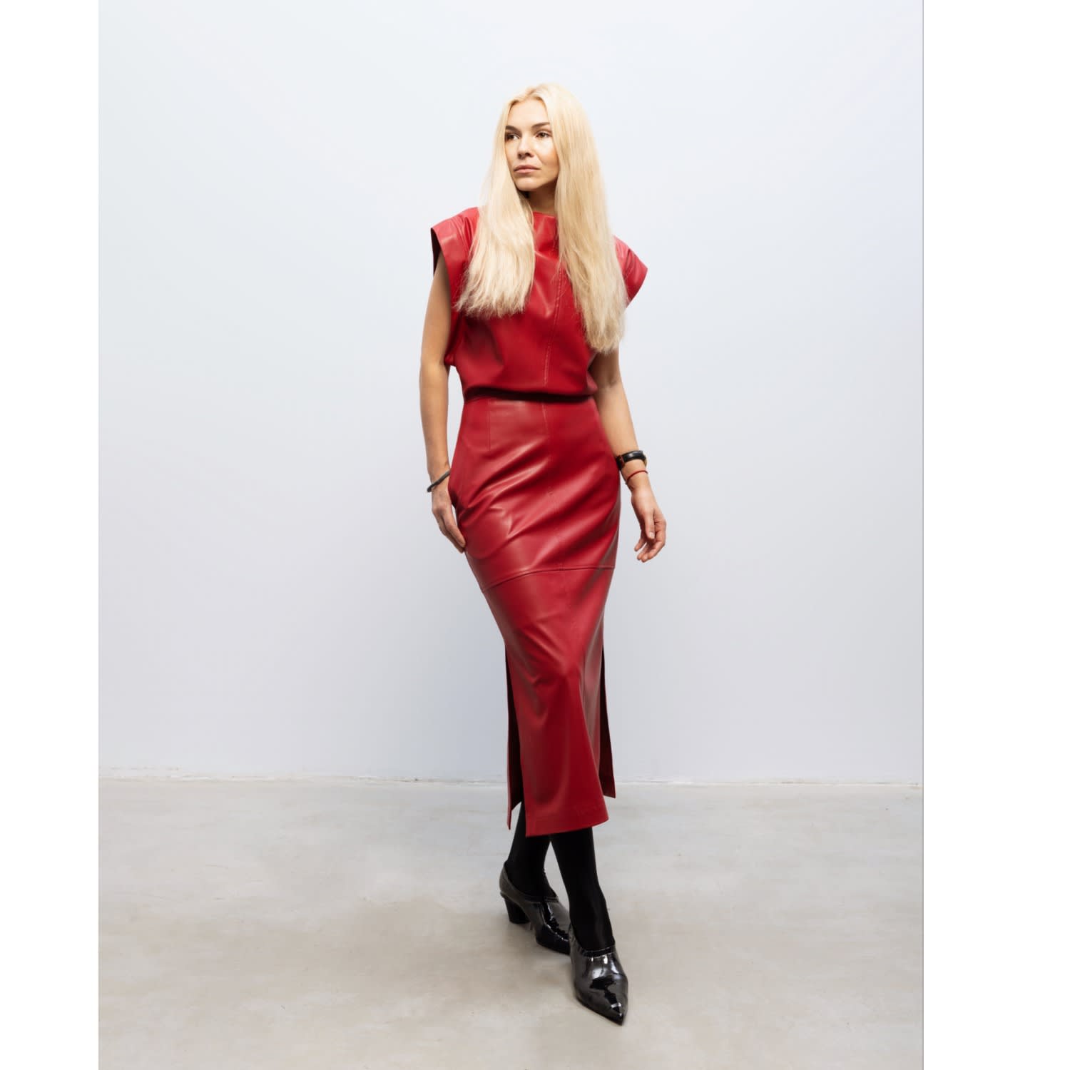 Red faux sales leather dress