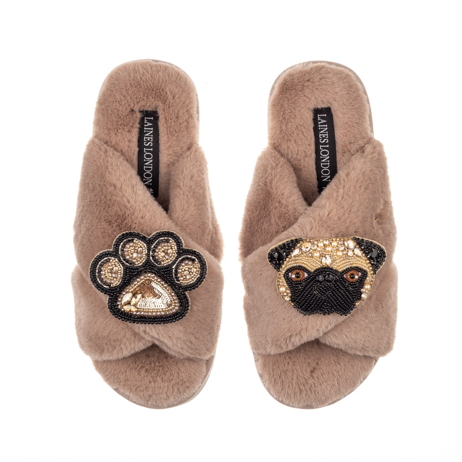 Women's Brown Classic Laines Slippers With Franki The Fawn Pug & Paw Brooches - Toffee | Small | Laines London