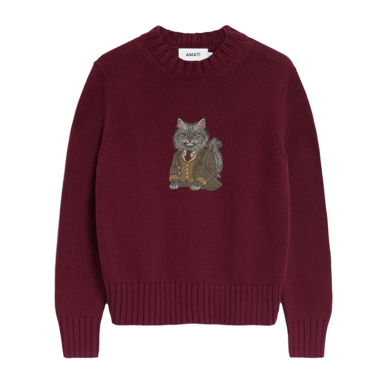 Amati Collection Women's Longhair Cat Embroidered Cotton Knit Sweater - Burgundy In Red