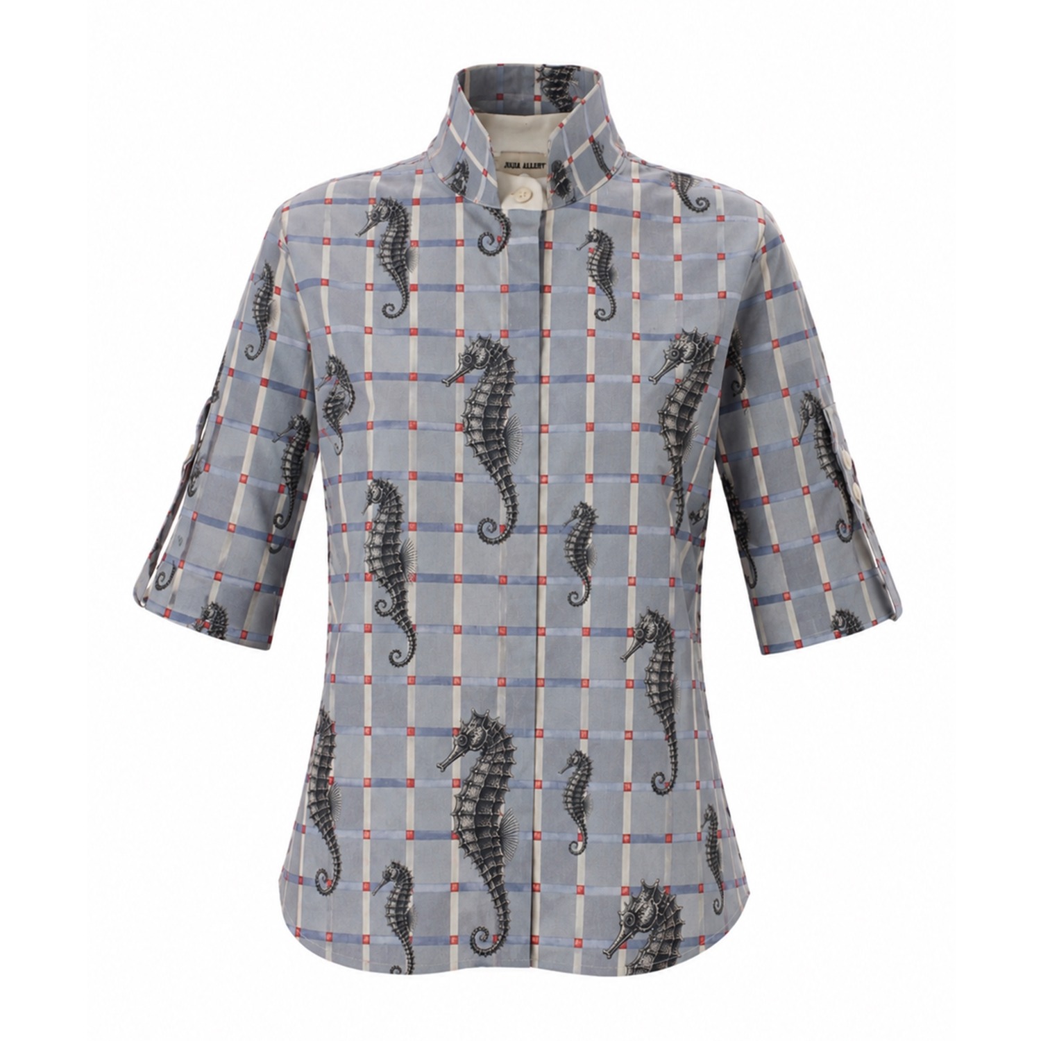 Stand Collar Short Sleeve Blouse - Pale Blue Seahorse Check Print 