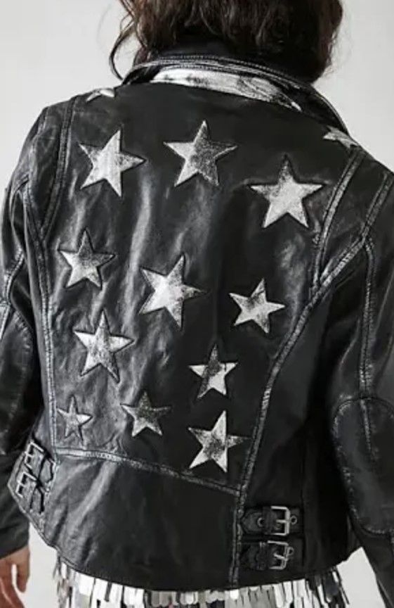 Women’s Christy Rf Star Detail Leather Jacket, Black Silver Extra Small Mauritius