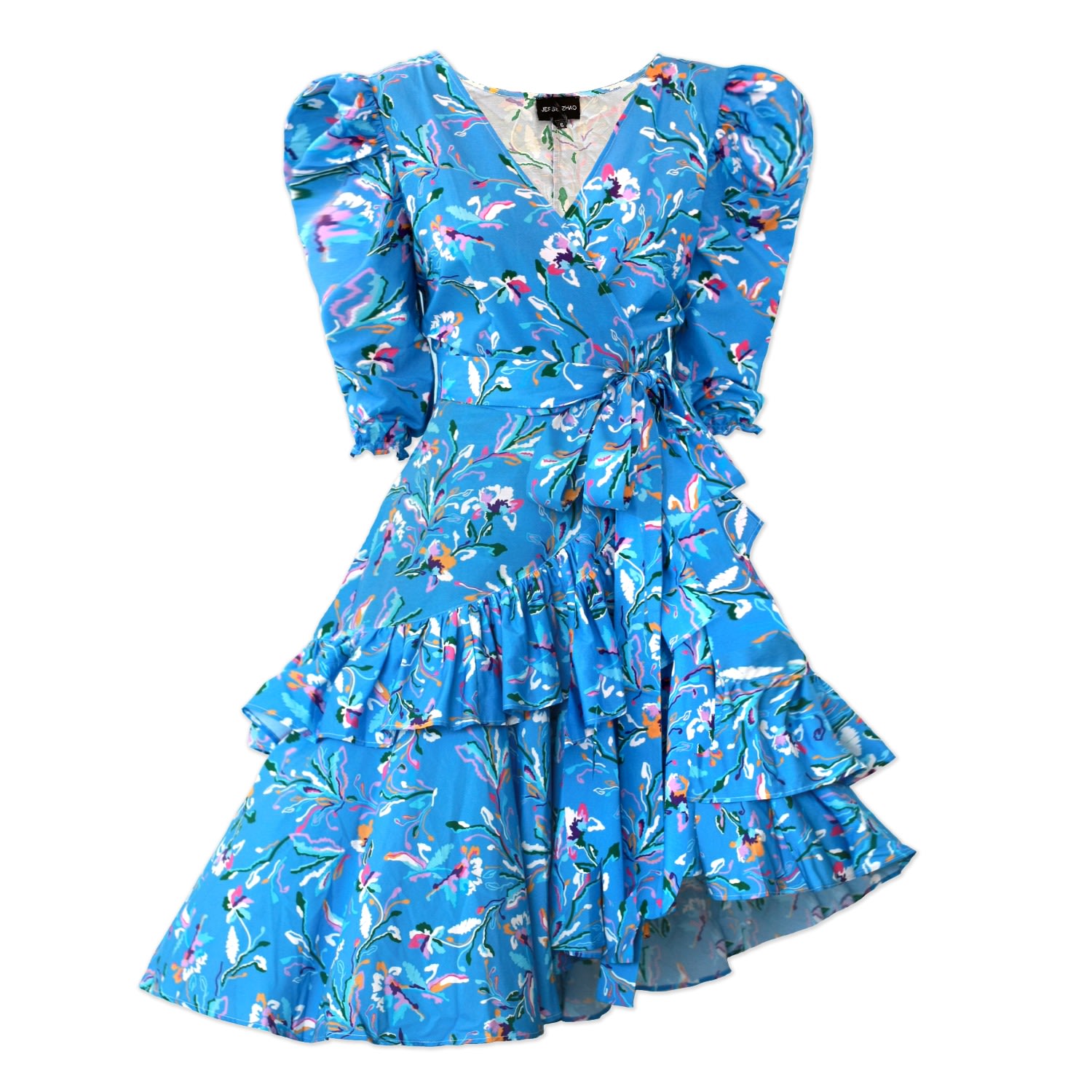 Women’s Blue Ocean Floral Cotton Silk Wrap Dress Xxs Jessie Zhao New York