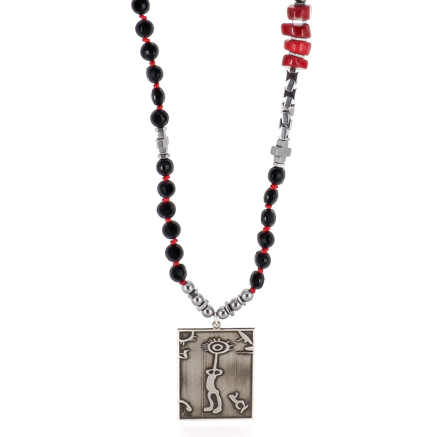 Women’s Black / Red / Silver Shamanic Spirit Pendant Black Onyx Beaded Necklace - Silver Ebru Jewelry