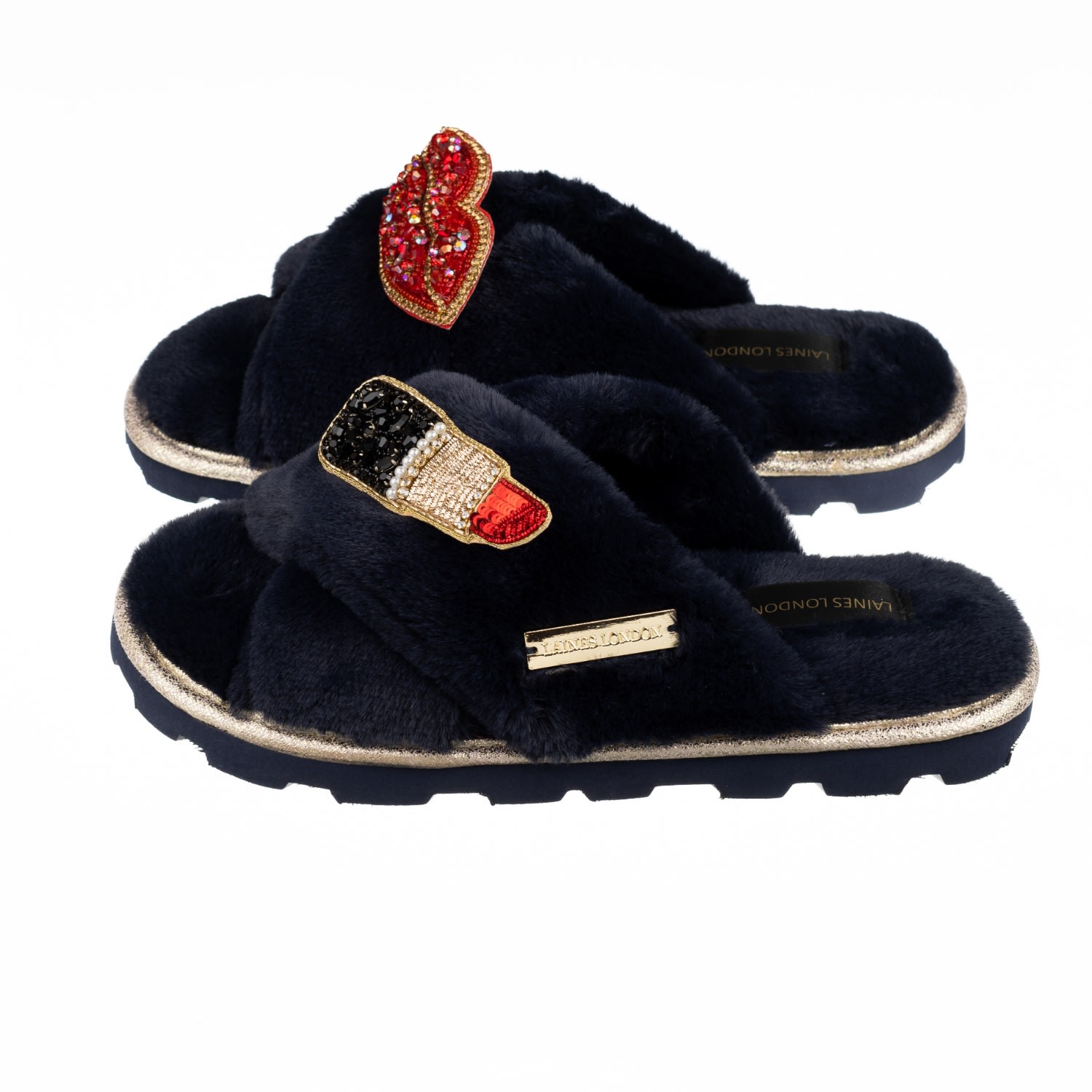 Women’s Blue Ultralight Chic Laines Slipper Sliders With Artisan Red & Gold Pucker Up Brooches - Navy Extra Large Laines London