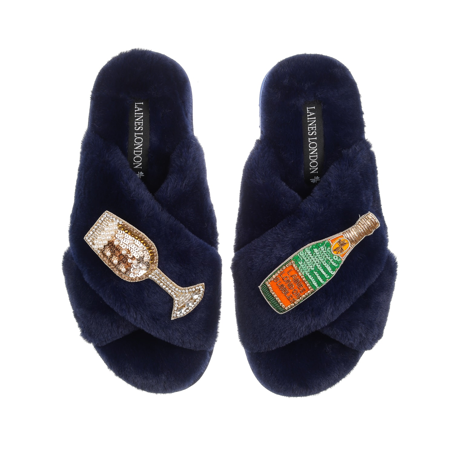 Laines London Women's Blue Classic Laines Slippers With Laines Champers & Glass Brooches - Navy In Blue