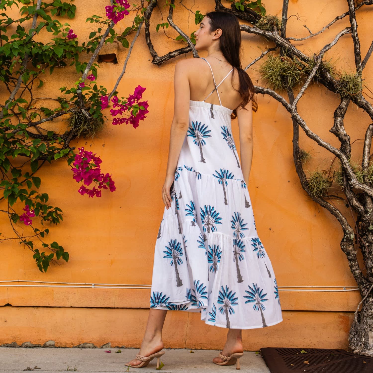 palm print beach dress Women's Palm Leaf Print Beach Dress with Racer Back L/XL / YELLOW