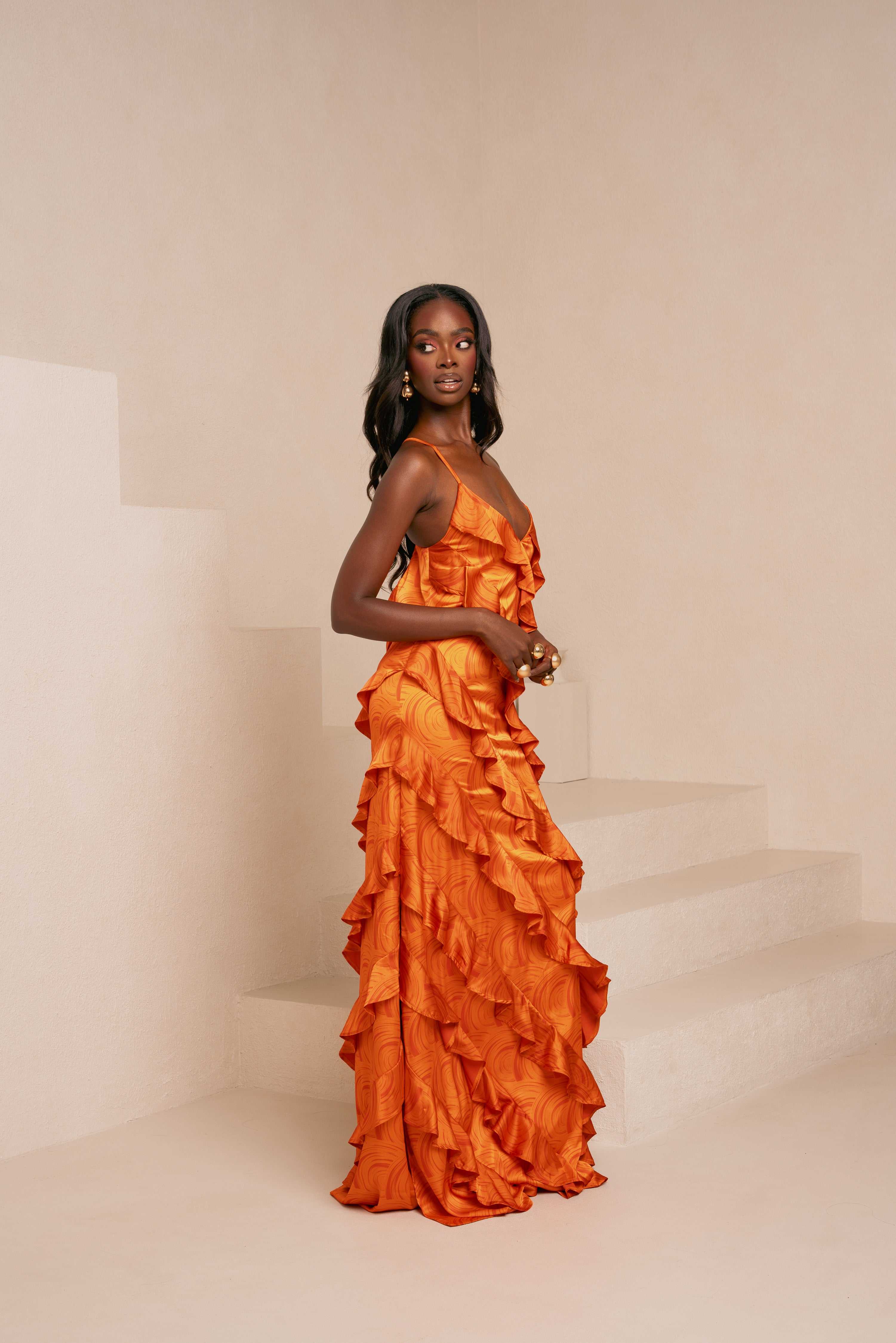 Iza Orange Ruffle Maxi Dress | OFUURE | Wolf & Badger