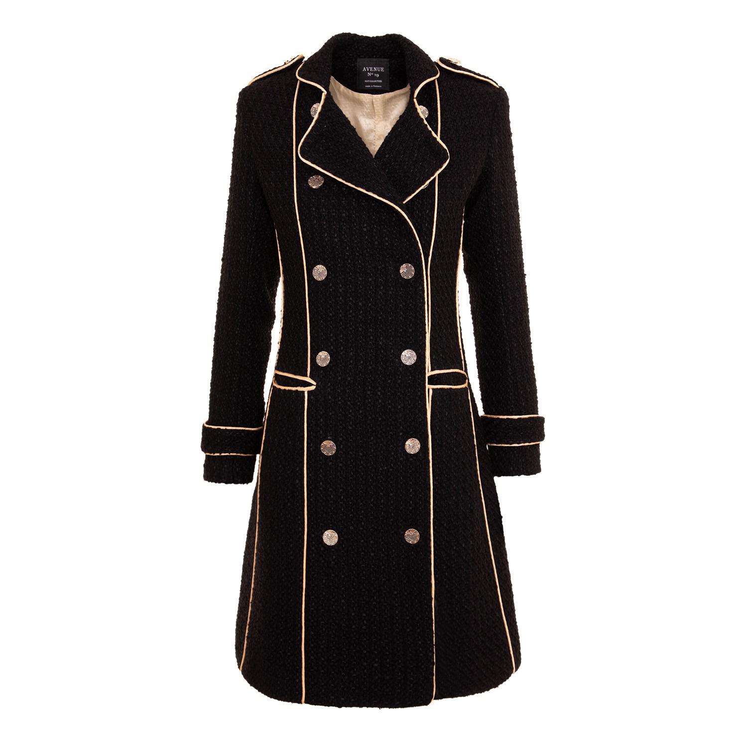 Women’s Double Breasted Military Coat With Contrast Buttons - Black Large Avenue no.29