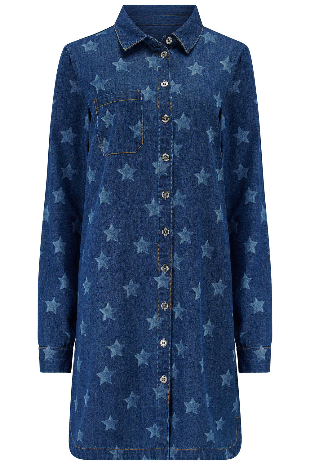 Sugarhill Brighton Women's Ilsa Mini Shirt Dress Mid Blue Denim, Bleached Stars In Blue