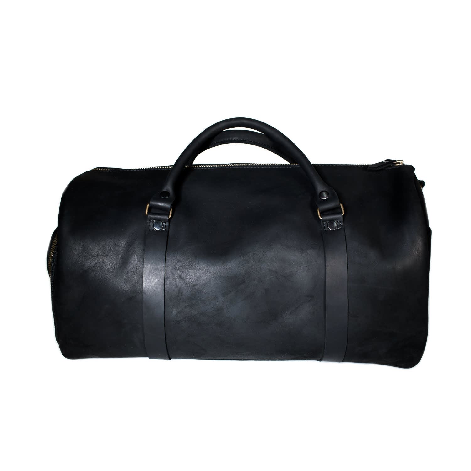 black leather weekender bag