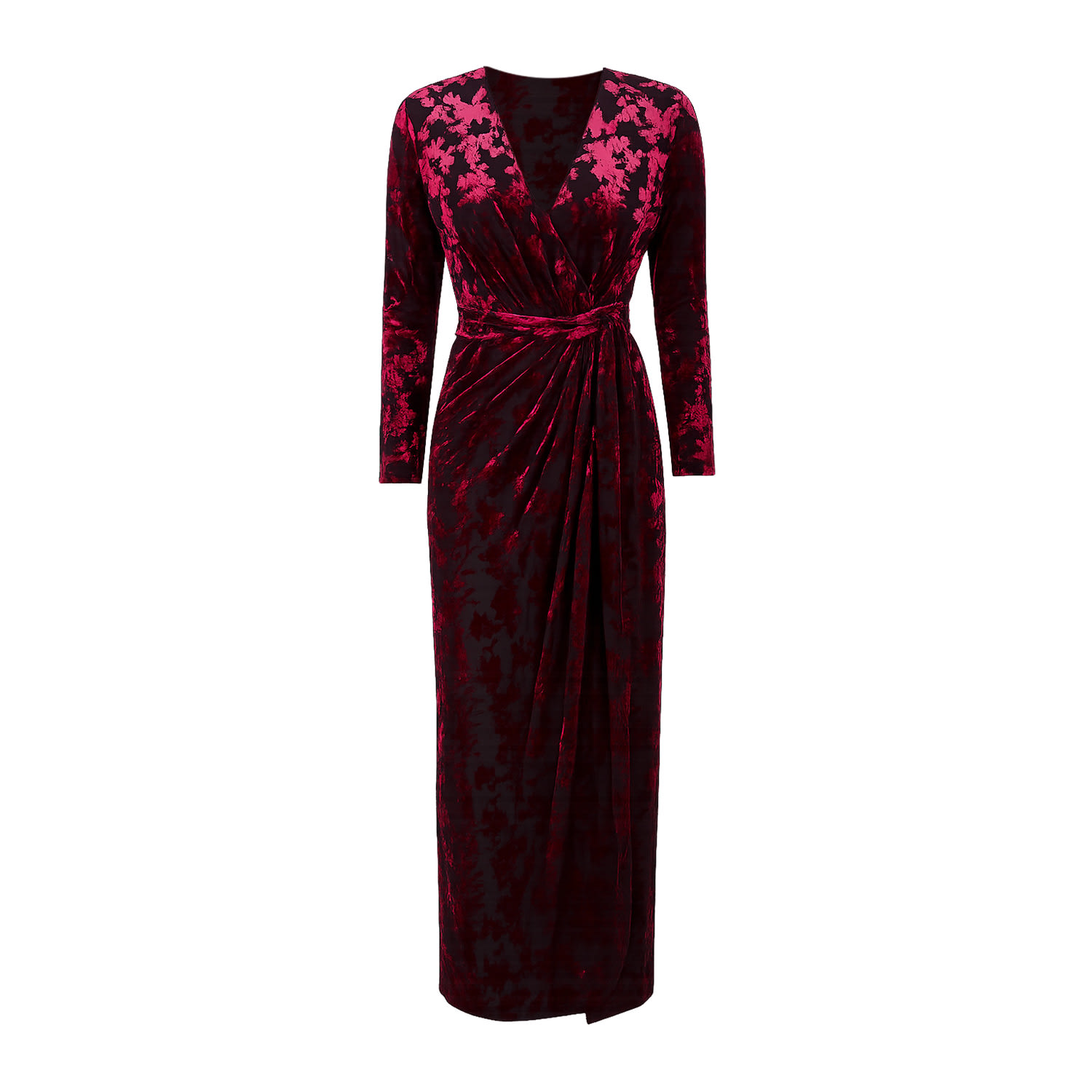 Yumi Women's Red  Burgundy Velour Stretch Midi Dress With Long Sleeves In Brown