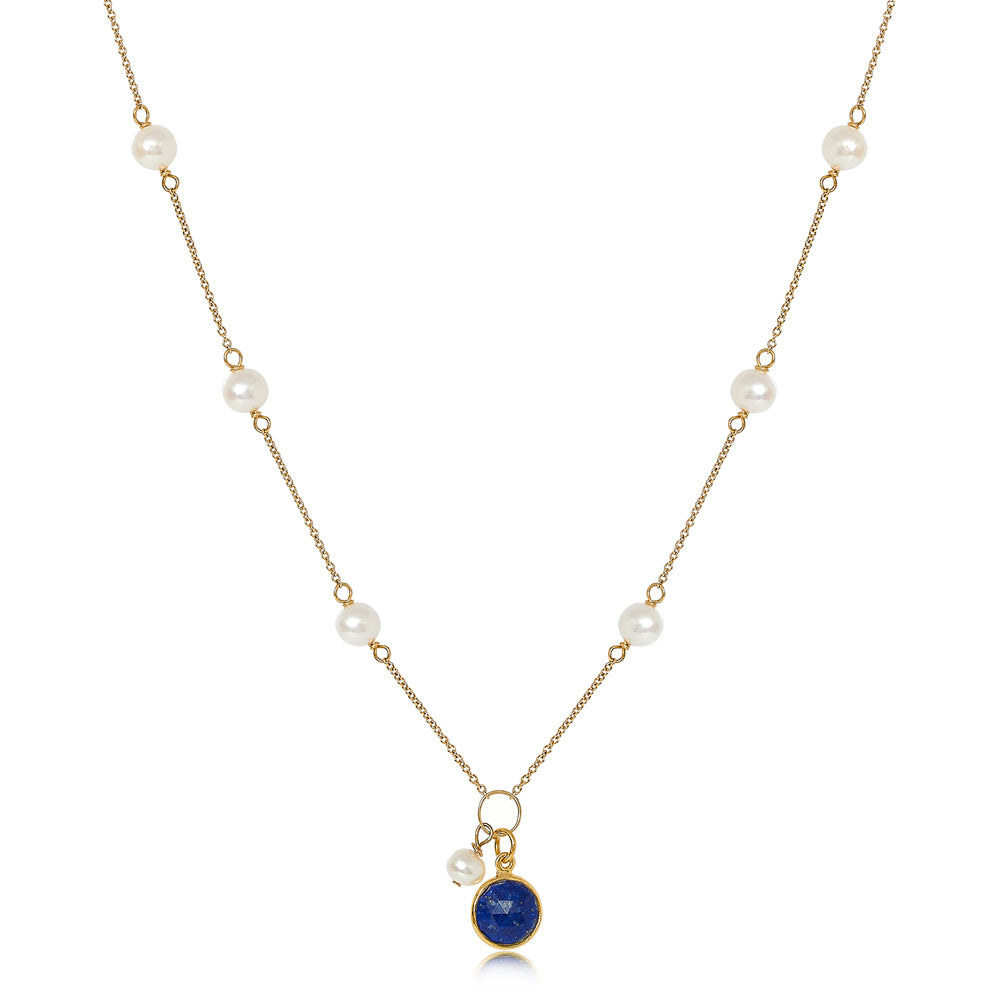 Pearls Of The Orient Online Women's Blue / White Nova Fine Chain Necklace With Cultured Freshwater Pearls & Lapis Lazuli Drop In Multi