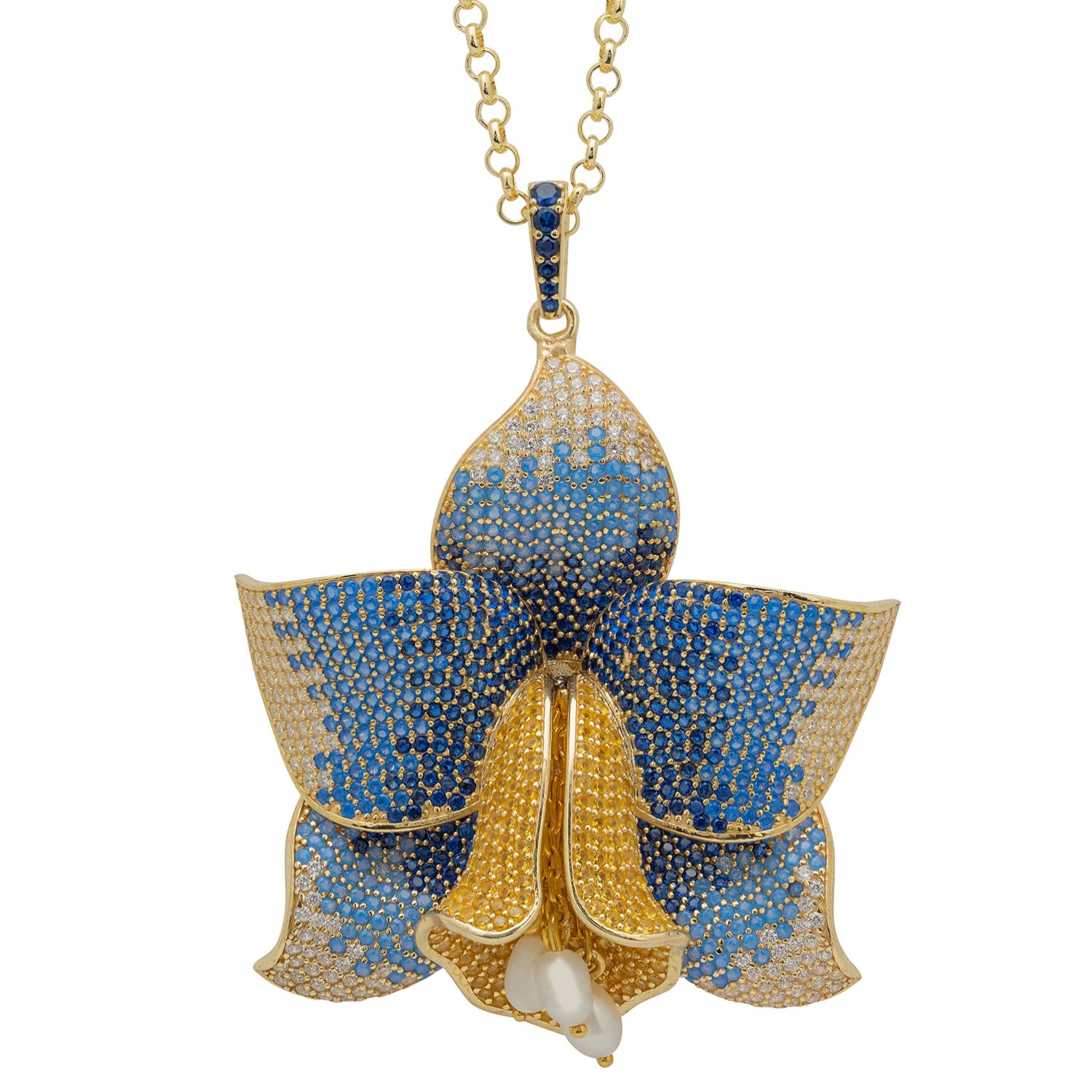 Women’s Blue Daffodil With Pearls Pendant Necklace Gold Sapphire Cz Latelita