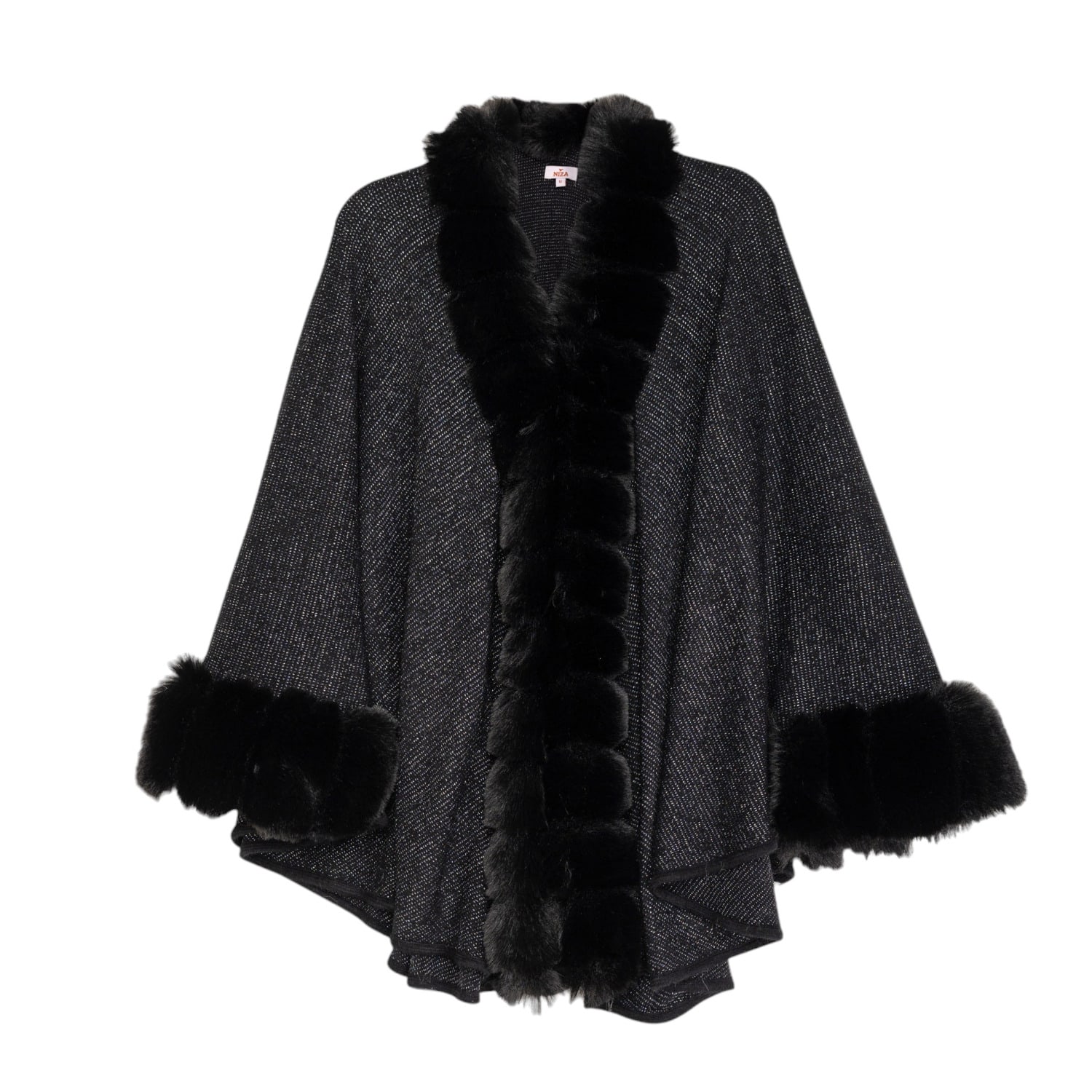 Women’s Poncho With V Neckline And Fur Black One Size Niza