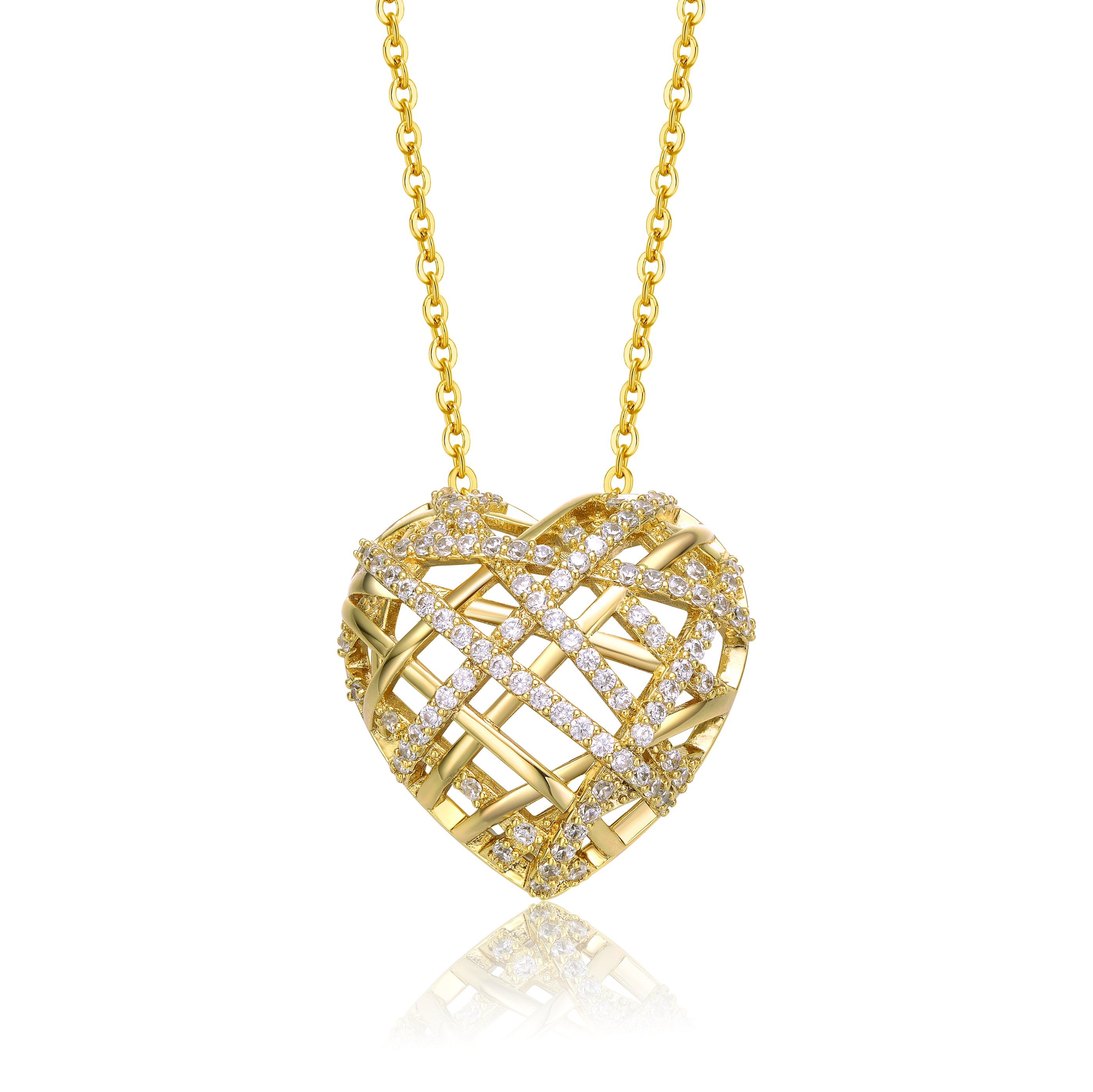 Women’s Gold / White Sterling Silver Yellow Gold Plated With Cubic Zirconia Knotted Ribbon Puffed Heart Pendant Necklace Genevive Jewelry