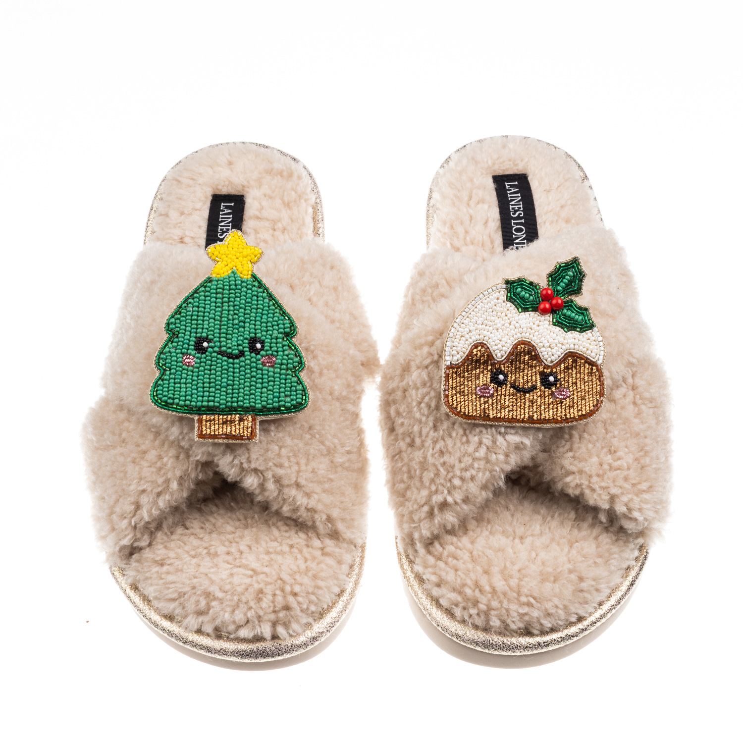 Laines London Women's Brown / Neutrals Laines Boucle Slippers With Christmas Lovable Pudding & Tree Brooches - Oat In Brown