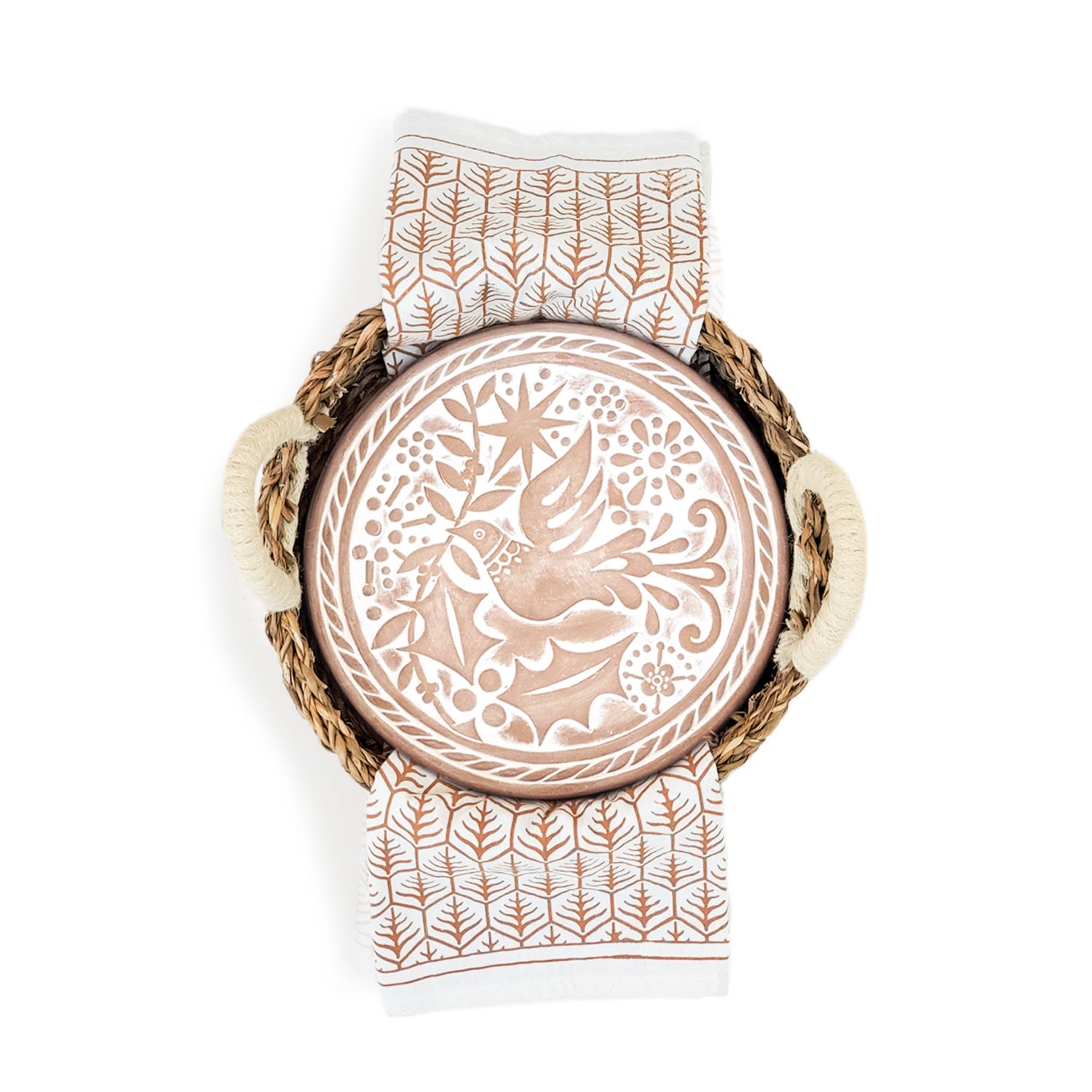 Korissa Bread Warmer & Basket Gift Set With Light Brown Tea Towel - Bird Round In Brown