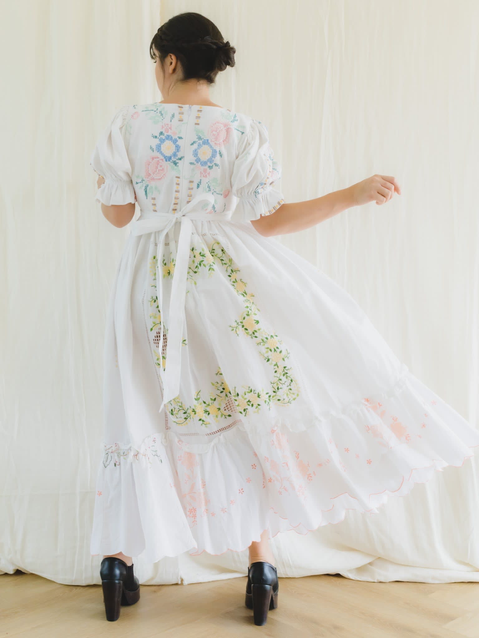 Upcycled Embroidered Vintage Linen Cotton Dress With Round Neck Sugar Cream Vintage Wolf Badger