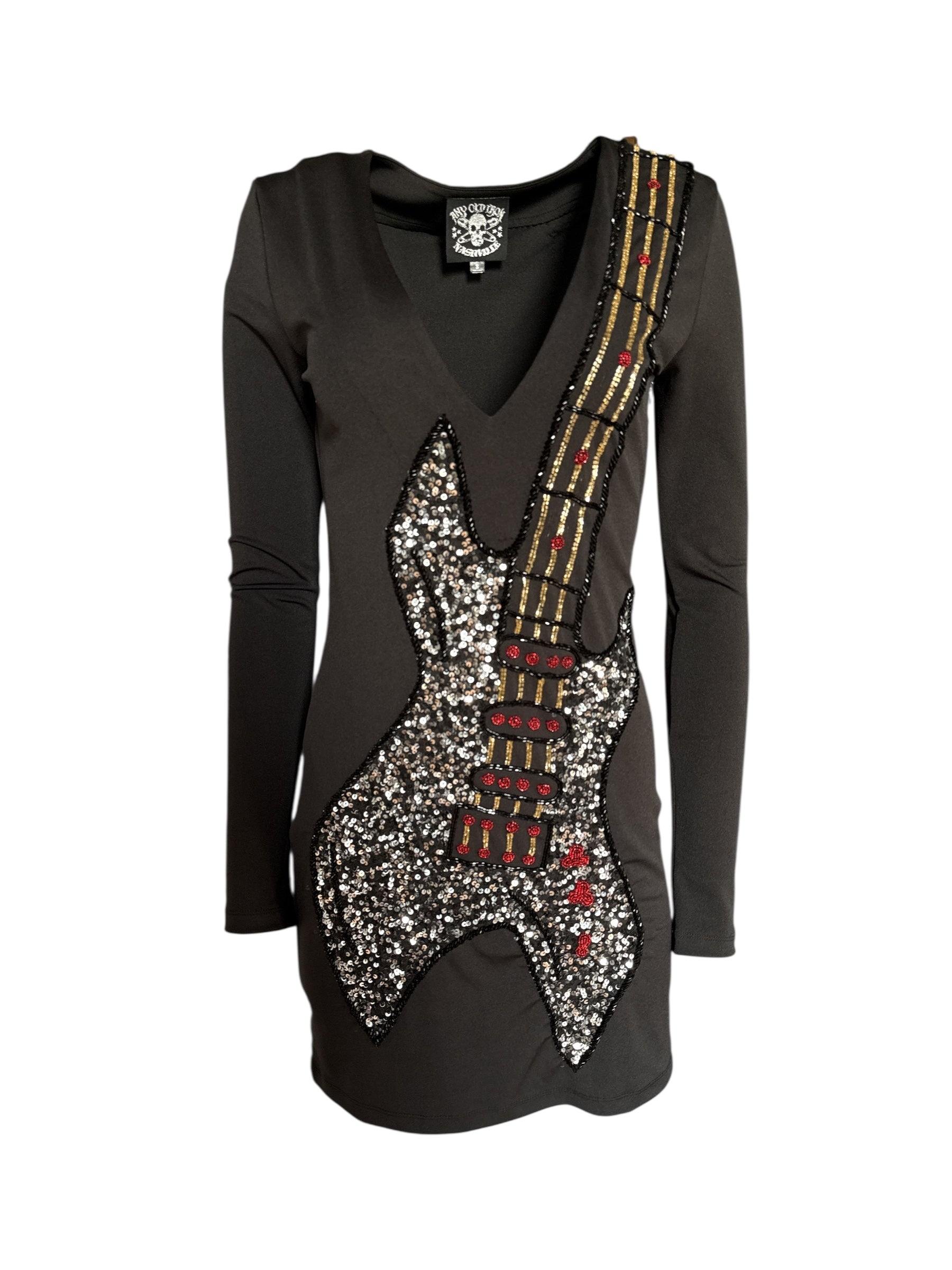 Women's Red / Silver / Black Beaded Guitar Long Sleeve Mini Dress | Large | Any Old Iron