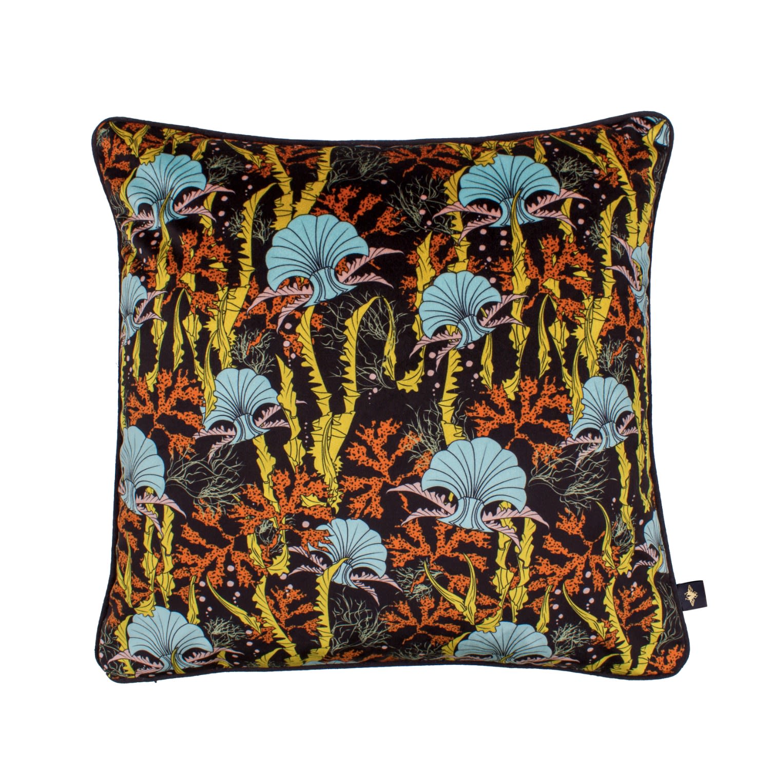 Yellow / Orange Coral Odyssey Black Velvet Cushion The Curious Department