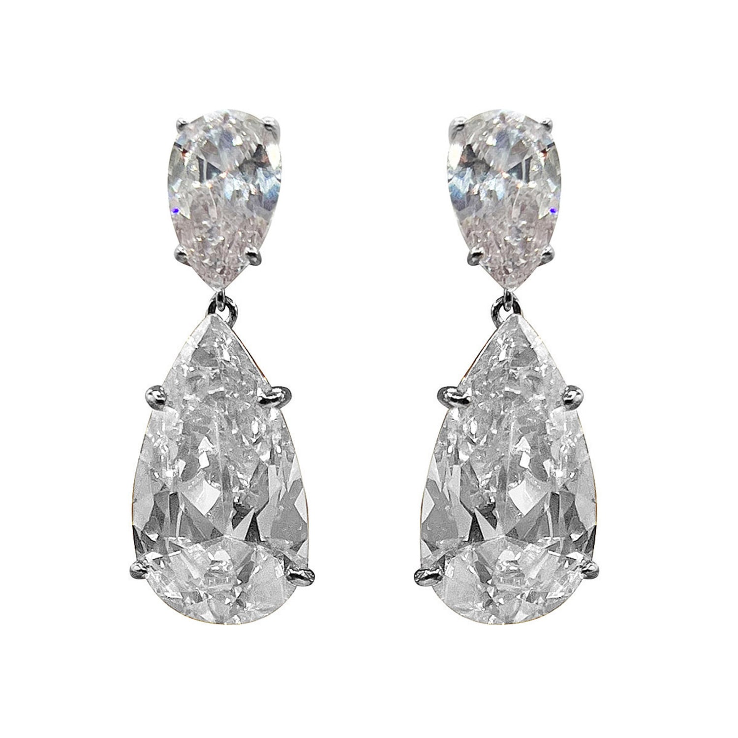 Women’s Neutrals Large Pear Double Cubic Zirconai And Sterling Silver Drop Clip On Earrings Michael Nash Jewelry