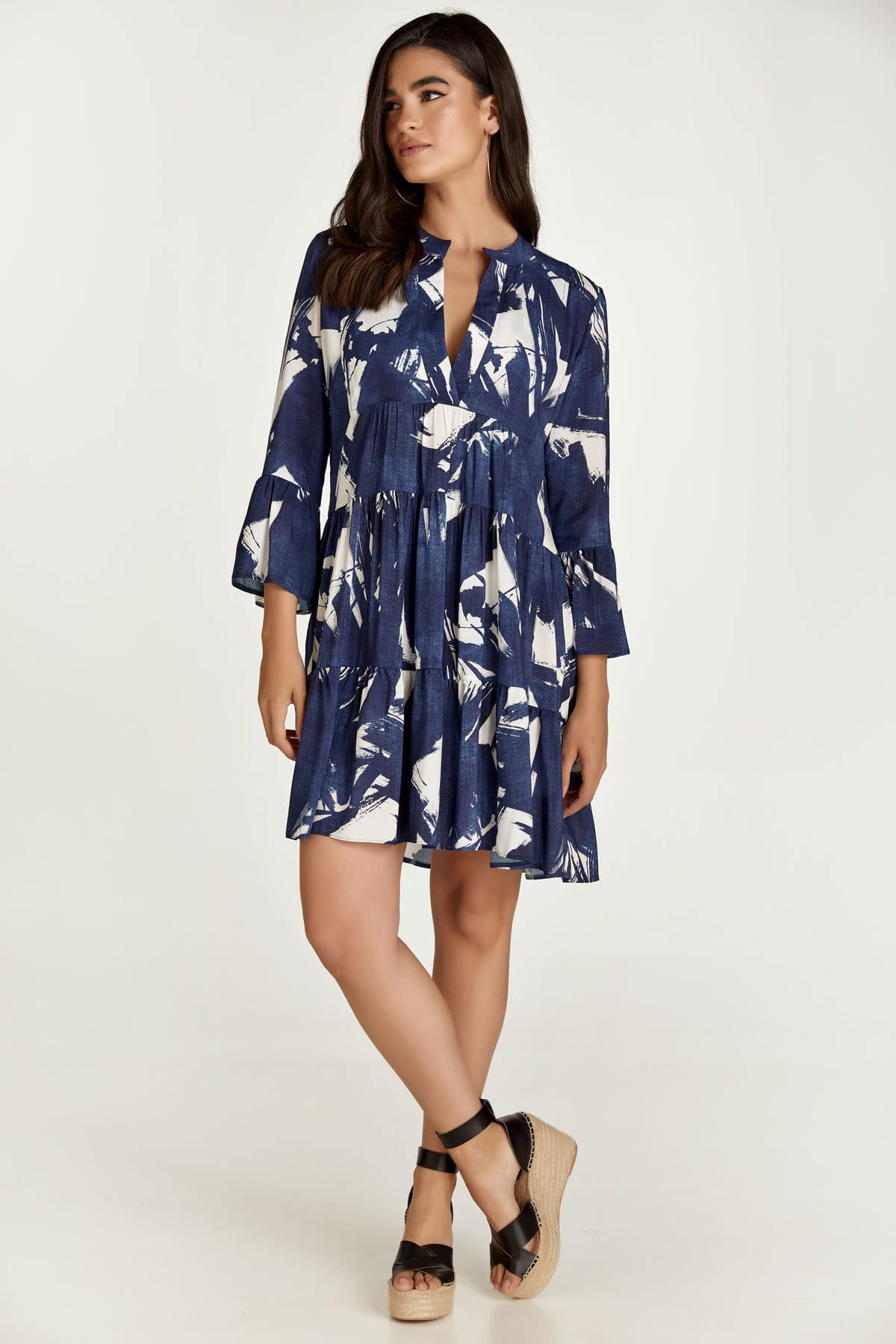 Navy & White A Line Dress With Bell Sleeves, Conquista