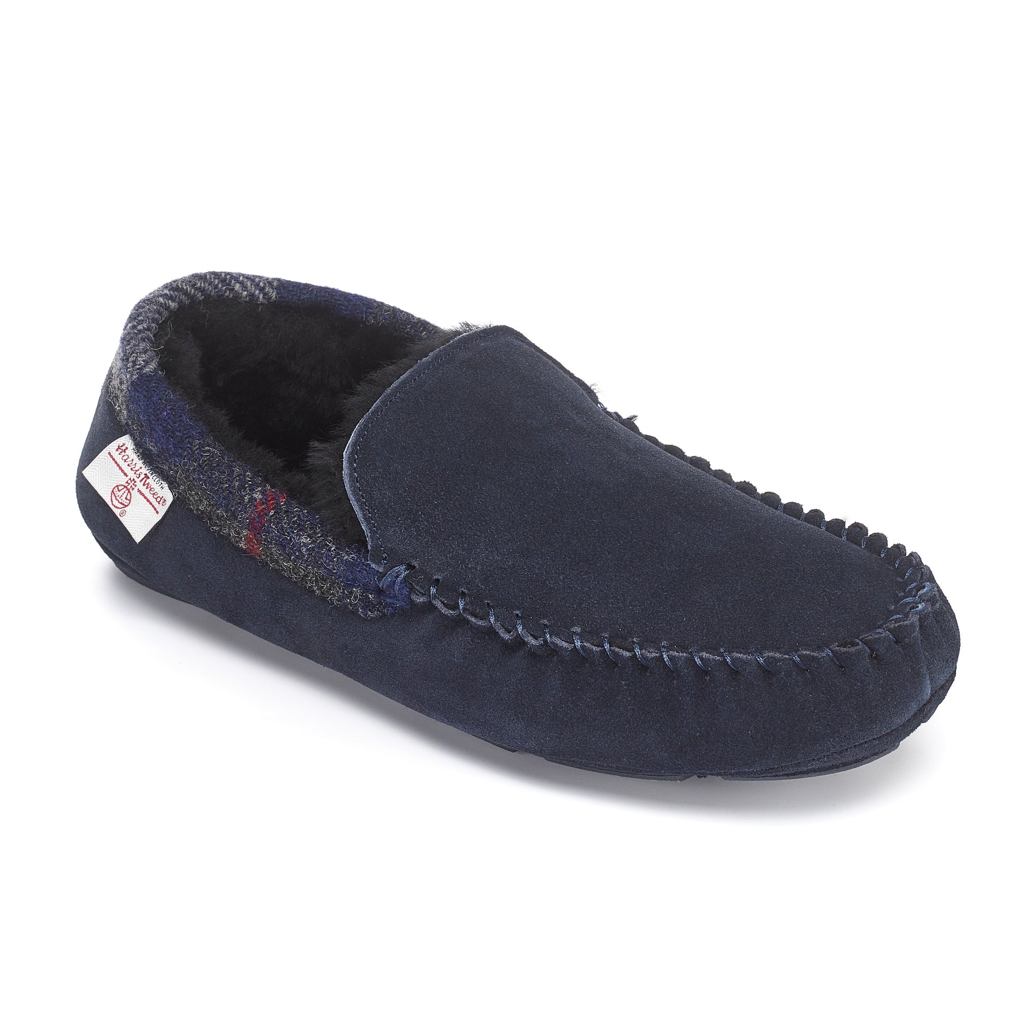 Bedroom Athletics Men's Blue Hanks- Suede Moccasin Slippers With Harris Tweed - Navy In Blue