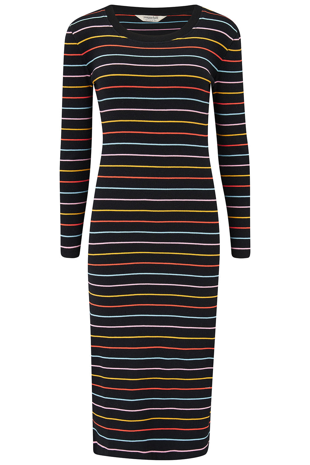 Sugarhill Brighton Women's Renata Jersey Rib Midi Dress Black, Multi, Autumn Rainbow Stripe