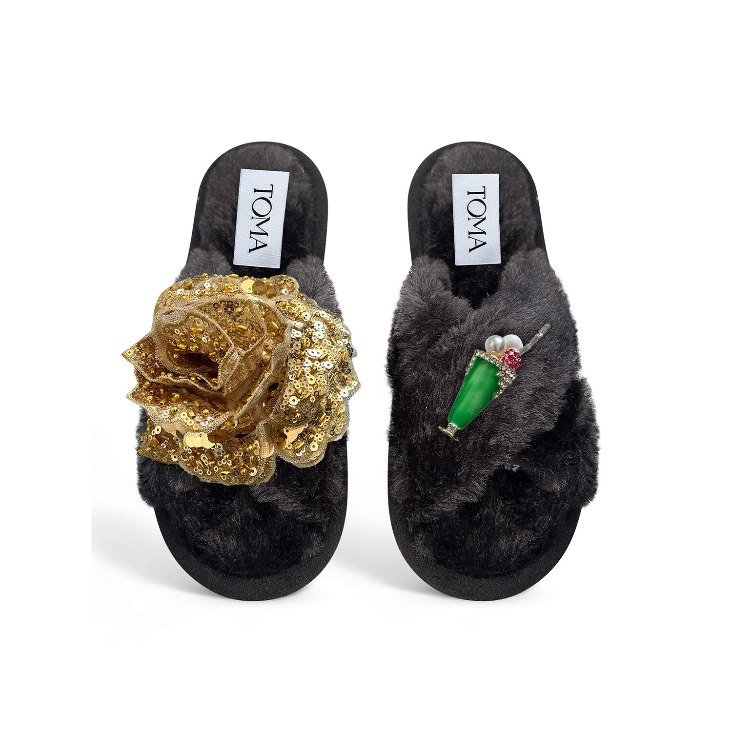 Toma Women's Classic  Open Toe Gold Sequin Flower And Ice Cream Black Slippers In Black
