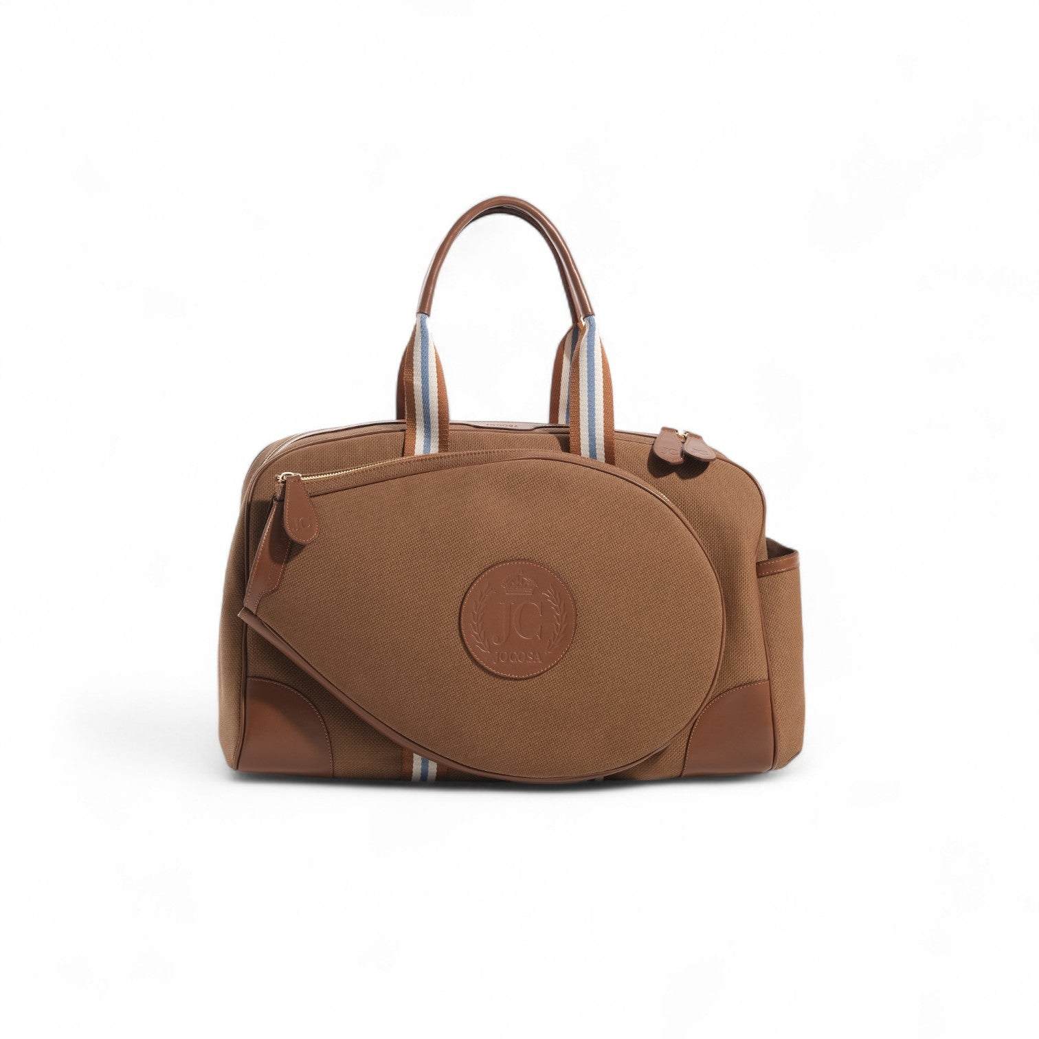 Jocosa Men's Brown Tennis Bag - Camel & Camel With White - Sky Blue Strap