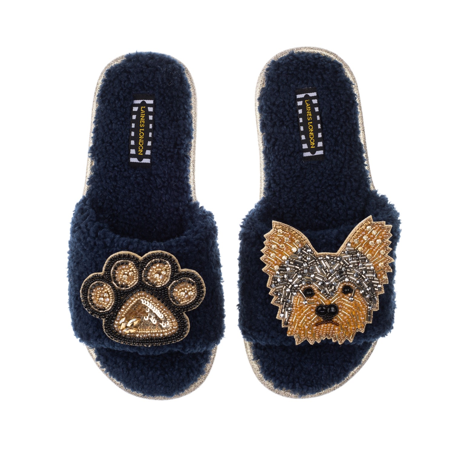 Laines London Women's Blue Teddy Towelling Slipper Sliders With Minnie Yorkie & Paw Brooches - Navy In Blue