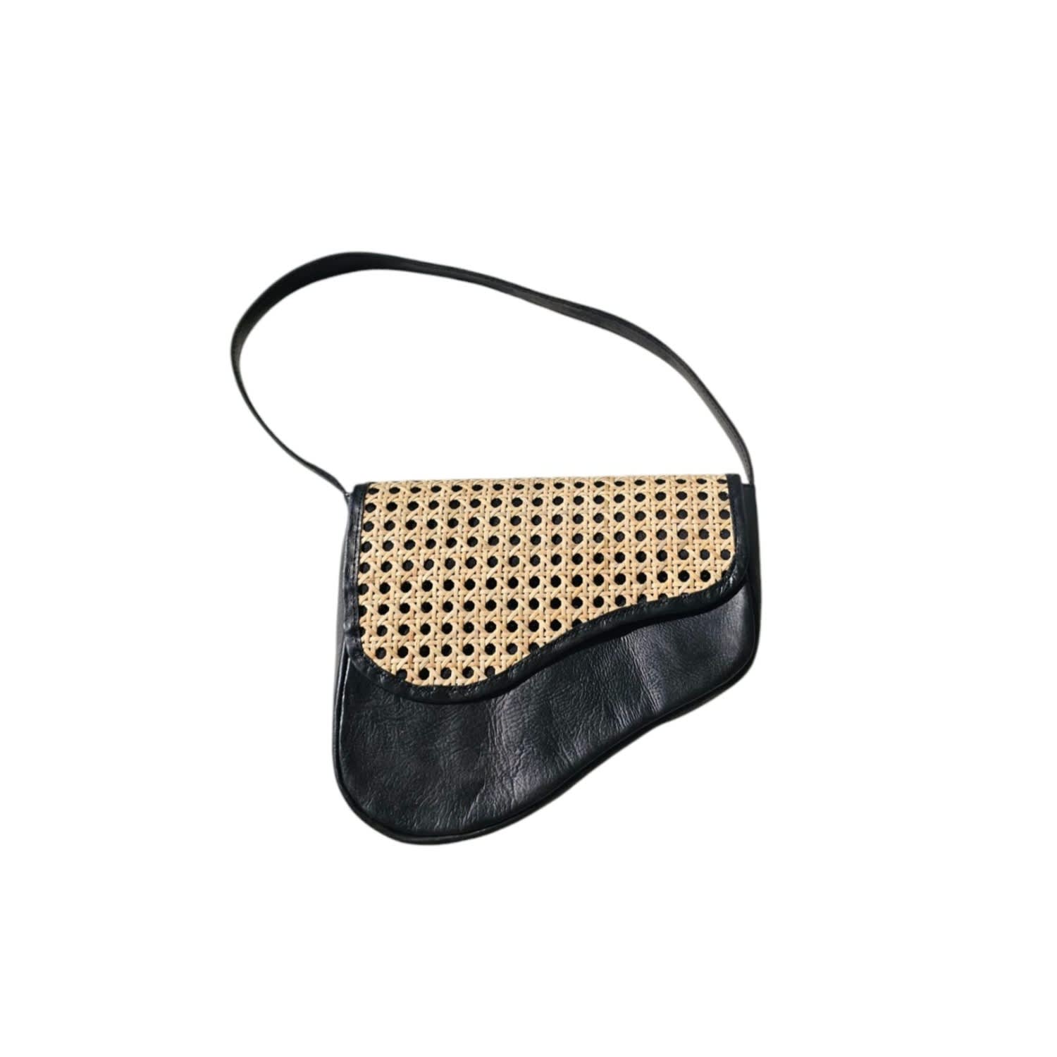 Women's Black / Neutrals Juliet Leather & Rattan Handbag - Black | Ohsun