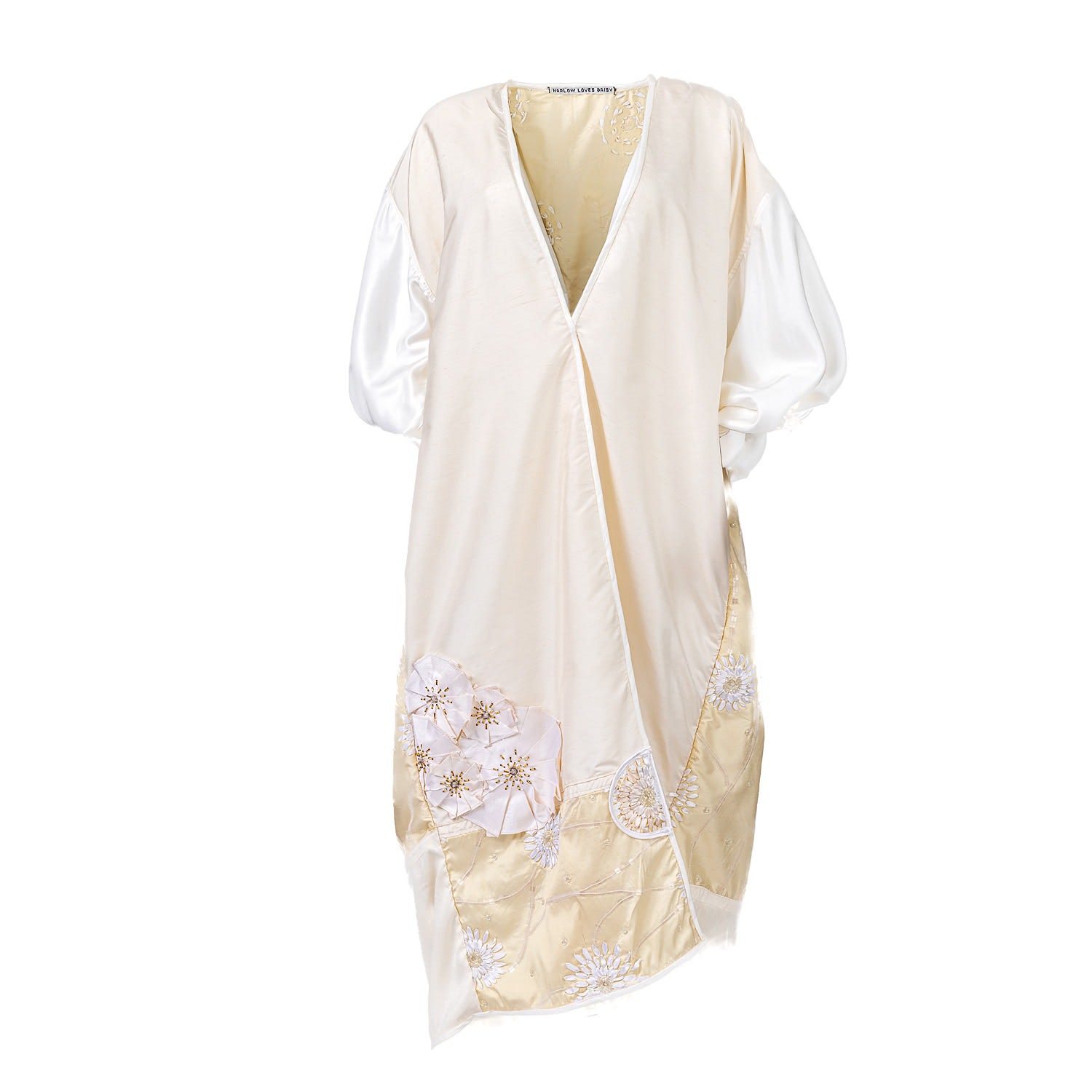 Harlow Loves Daisy Women's Neutrals Villeneuve - Goddess Robe In Raw Silk With Hand Beaded Silk Flowers And Satin Sleev In Black/blue/green/pink/white