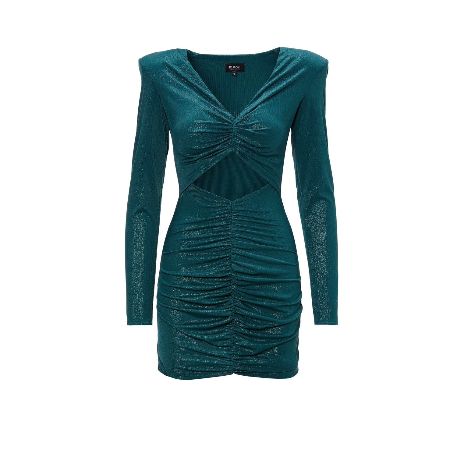 Bluzat Women's Green Shimmery Mini Dress With Structured Shoulders In Green