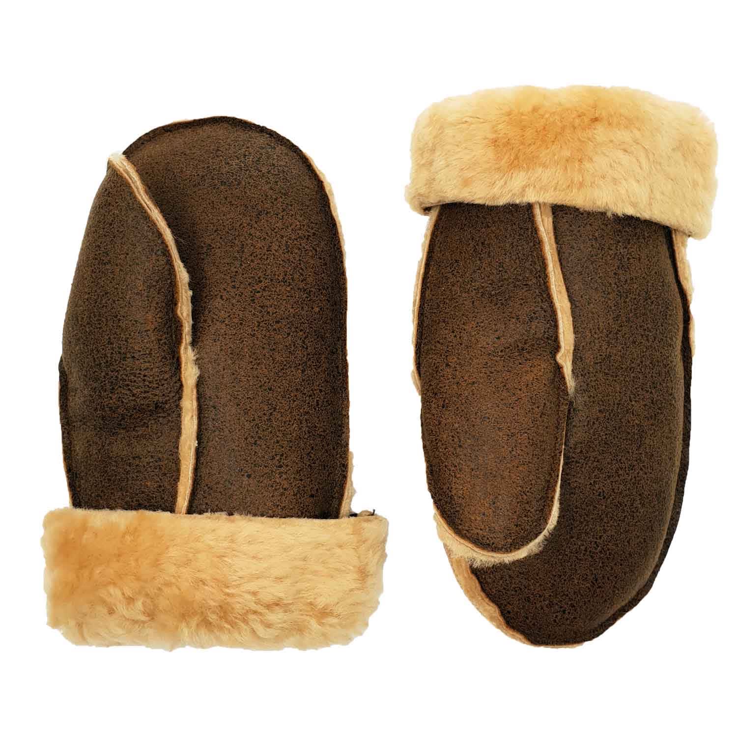 Men's Aviator Walnut Brown Shearling Sheepskin Wool & Leather Mittens | N'damus London