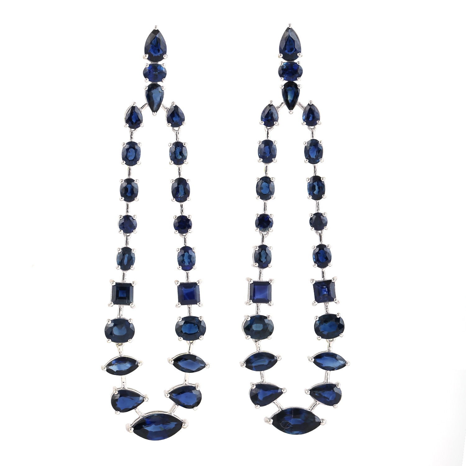 Women’s White / Blue Blue Sapphire Prong Set With 18K Solid White Gold Handmade Long Chandelier Earrings Artisan