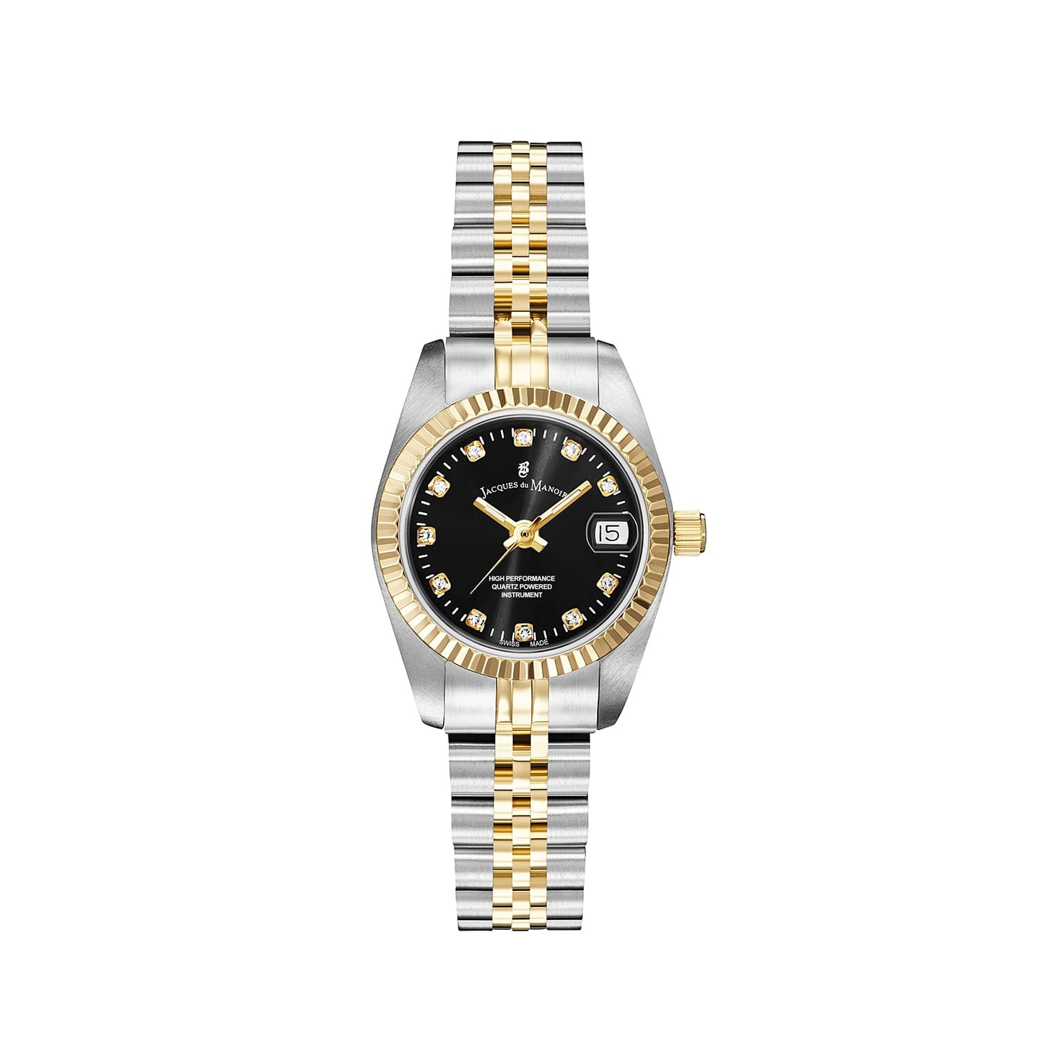 Women's Jacques Du Manoir Swiss Made Inspiration Gold Two Tone 26Mm Watch With Black Stone Set Dial & Date